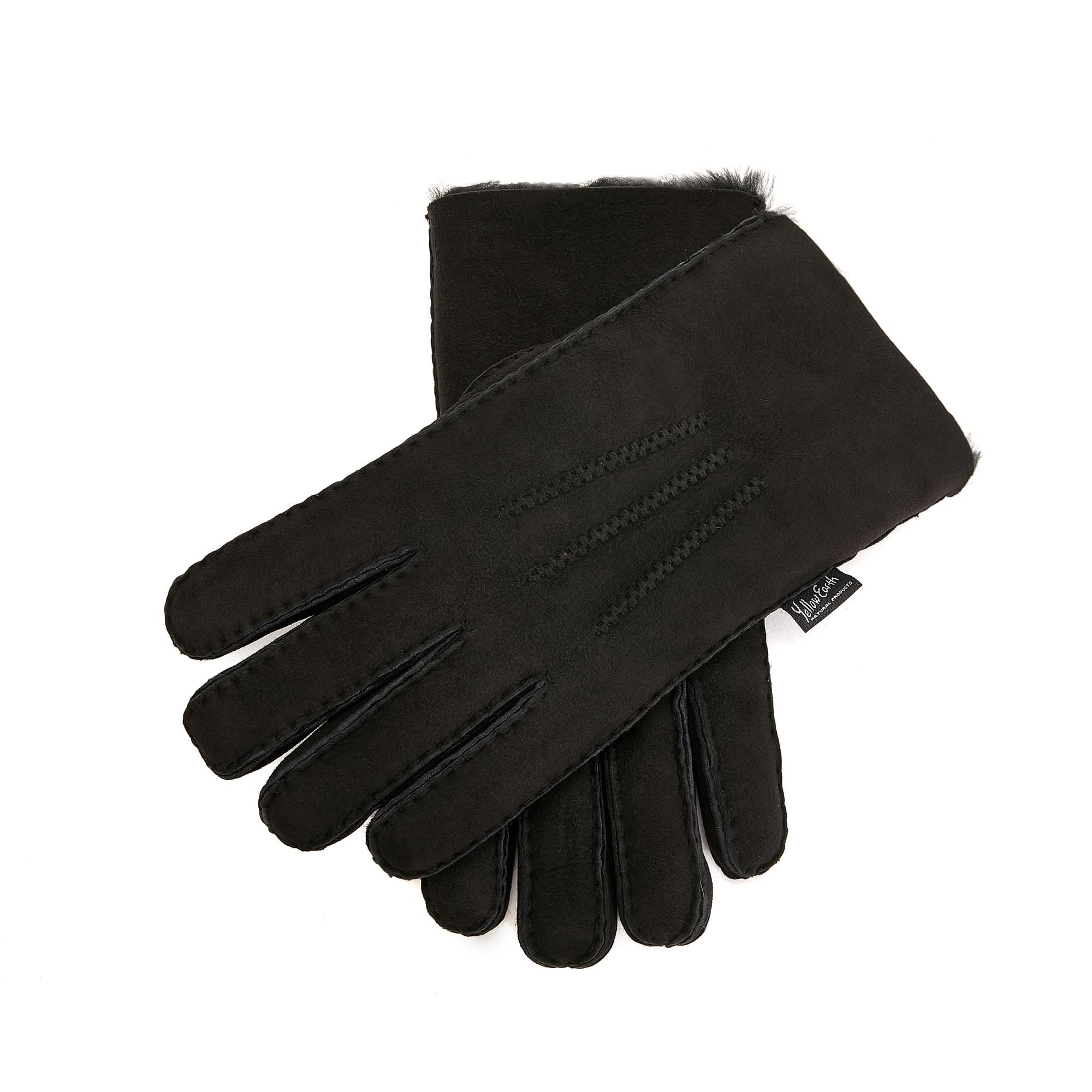 Black sheepskin gloves with fur lining, flat lay view showing palm and back details. - Yellow Earth Australia