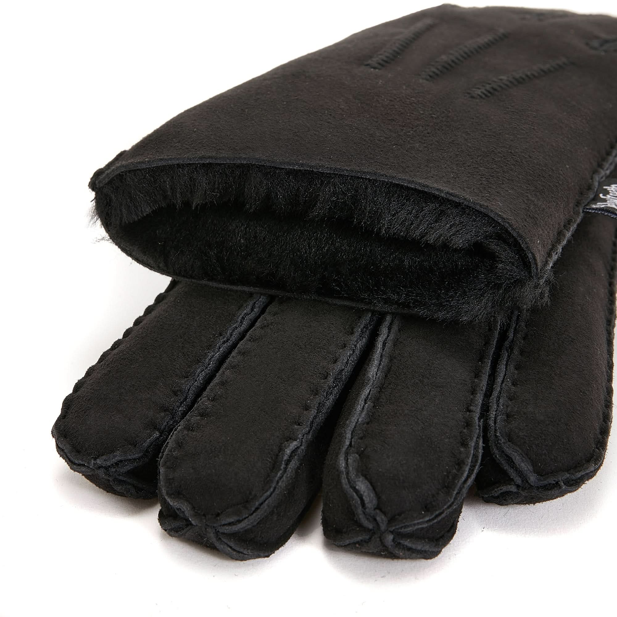 Black sheepskin gloves with fur lining, top view showing palm and fingers detail. - Yellow Earth Australia