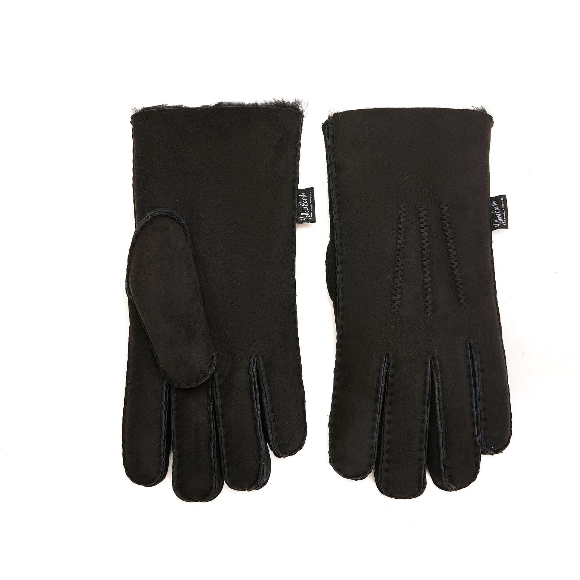 Black sheepskin gloves with wool lining, front and back view. - Yellow Earth Australia