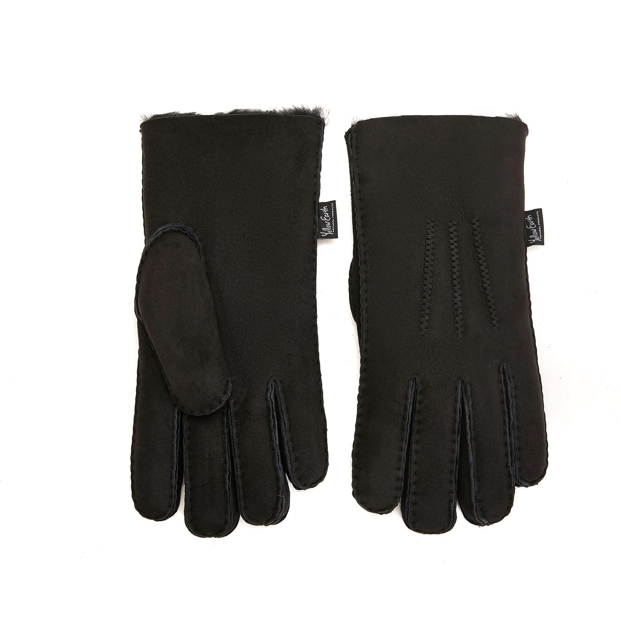 Black sheepskin gloves with wool lining, front and back view. - Yellow Earth Australia