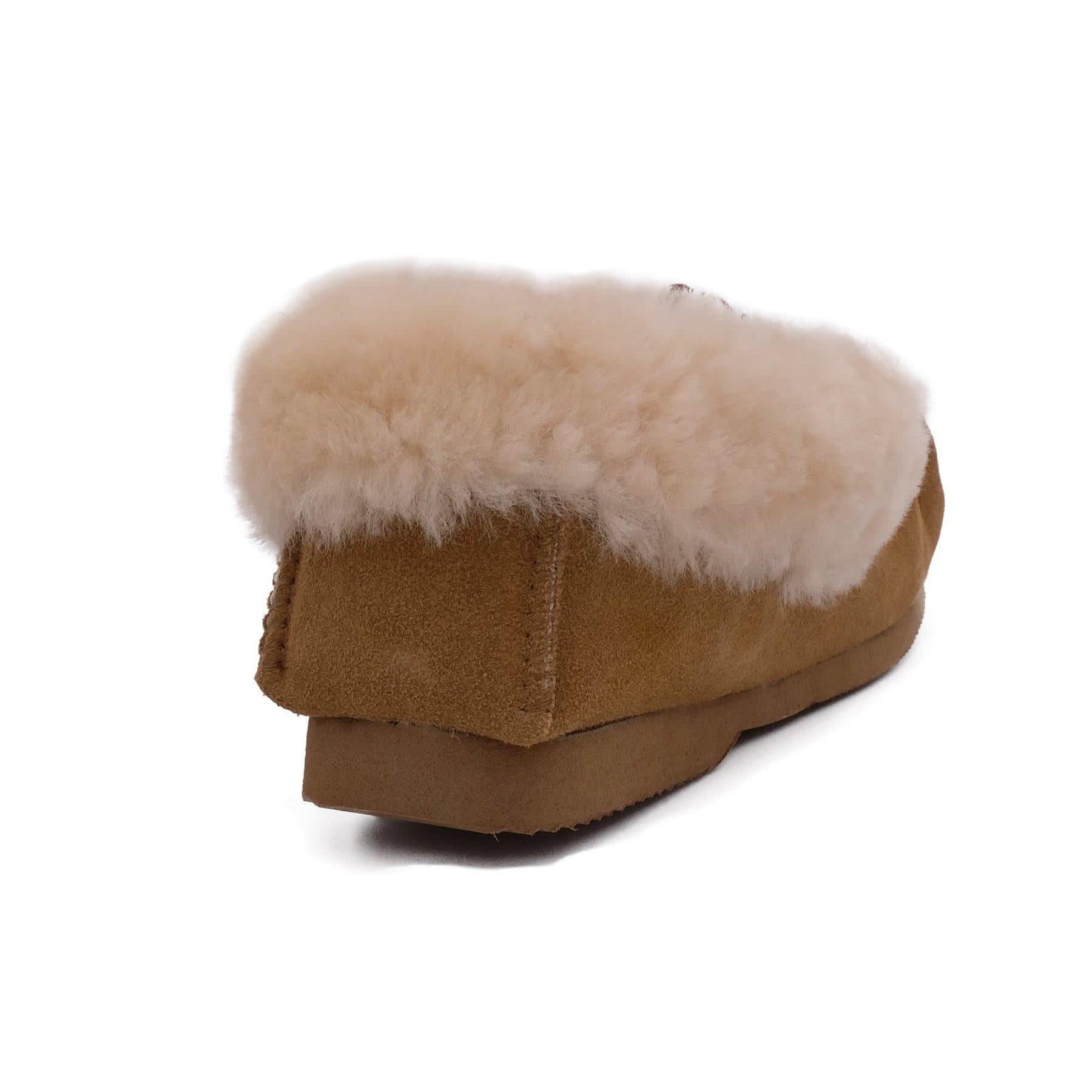 Tan suede slipper with creamy sheepskin cuff, side view. - Yellow Earth Australia