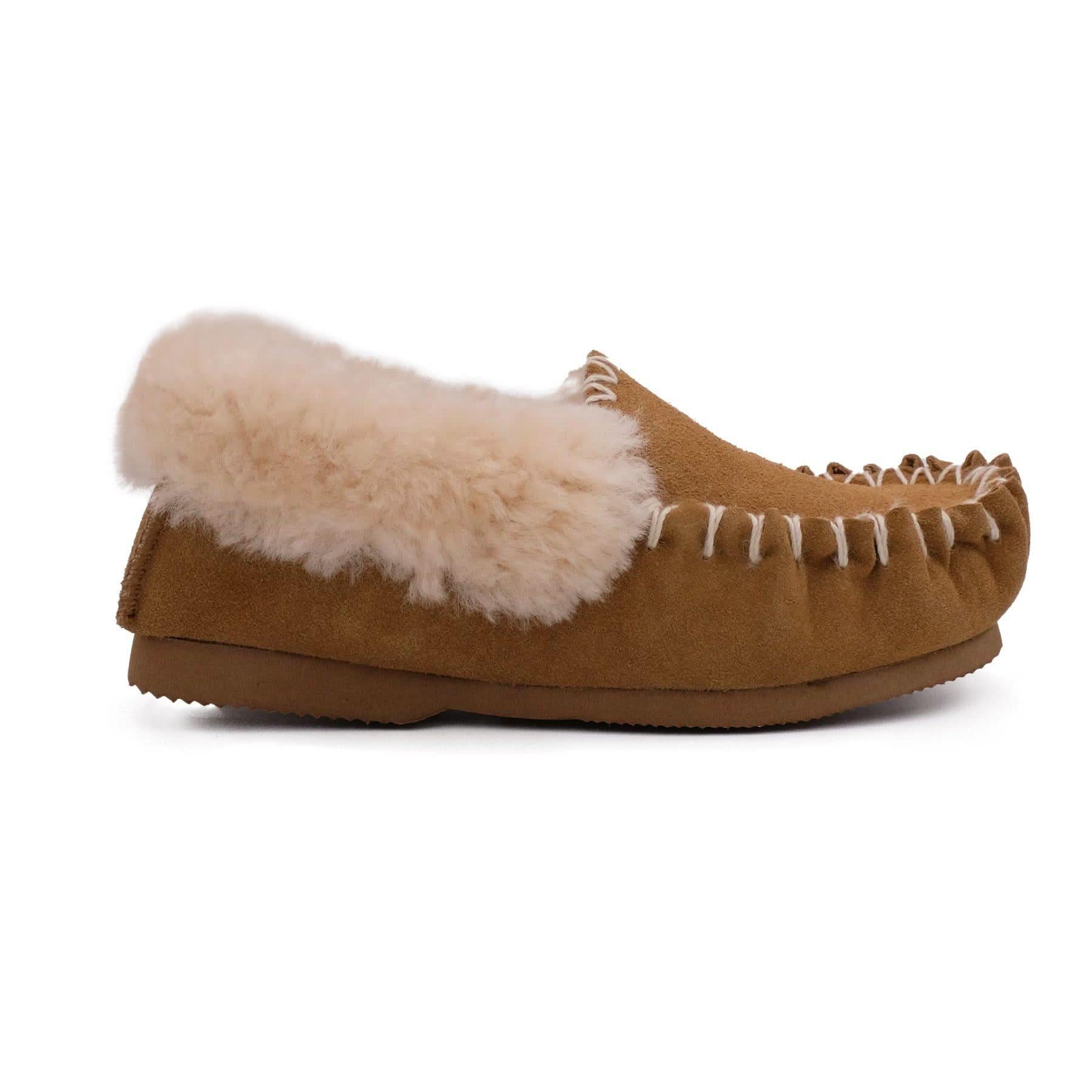 Tan suede moccasin slipper with cream sheepskin collar, side view. - Yellow Earth Australia