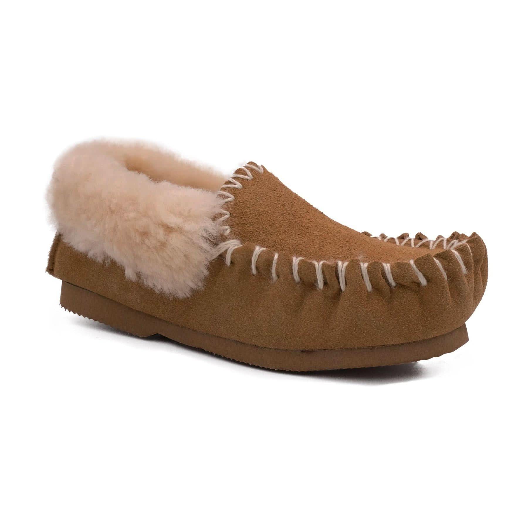 Tan suede moccasin with cream sheepskin collar, side view. - Yellow Earth Australia