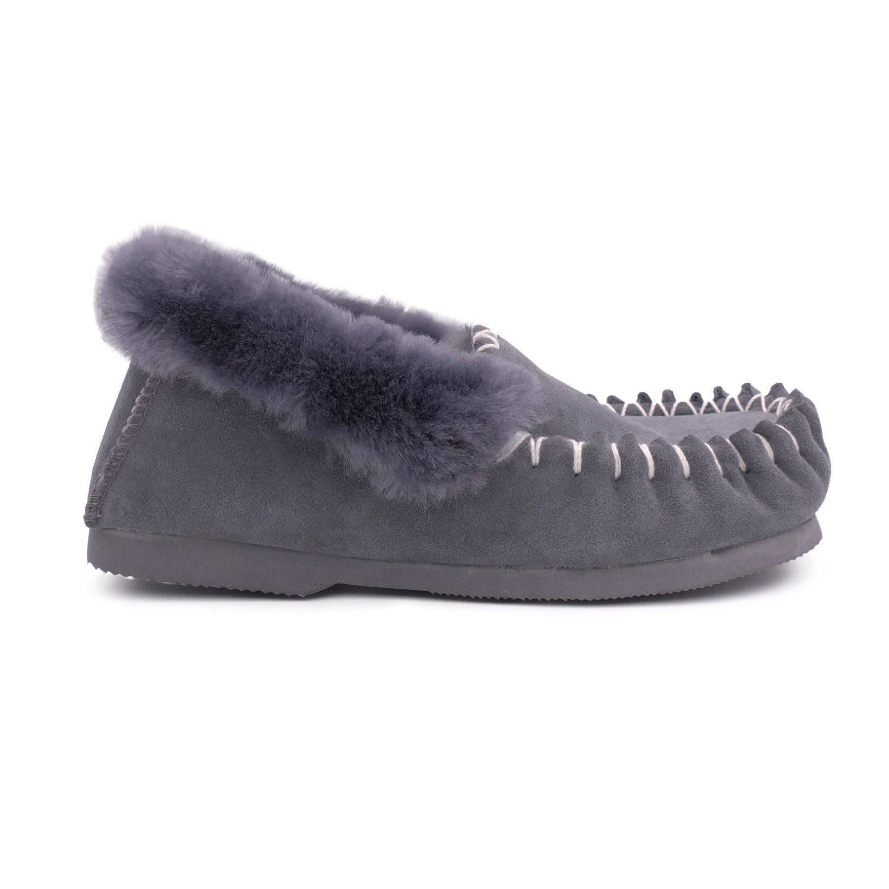 Grey suede moccasin slipper with fluffy sheepskin collar, side view. - Yellow Earth Australia