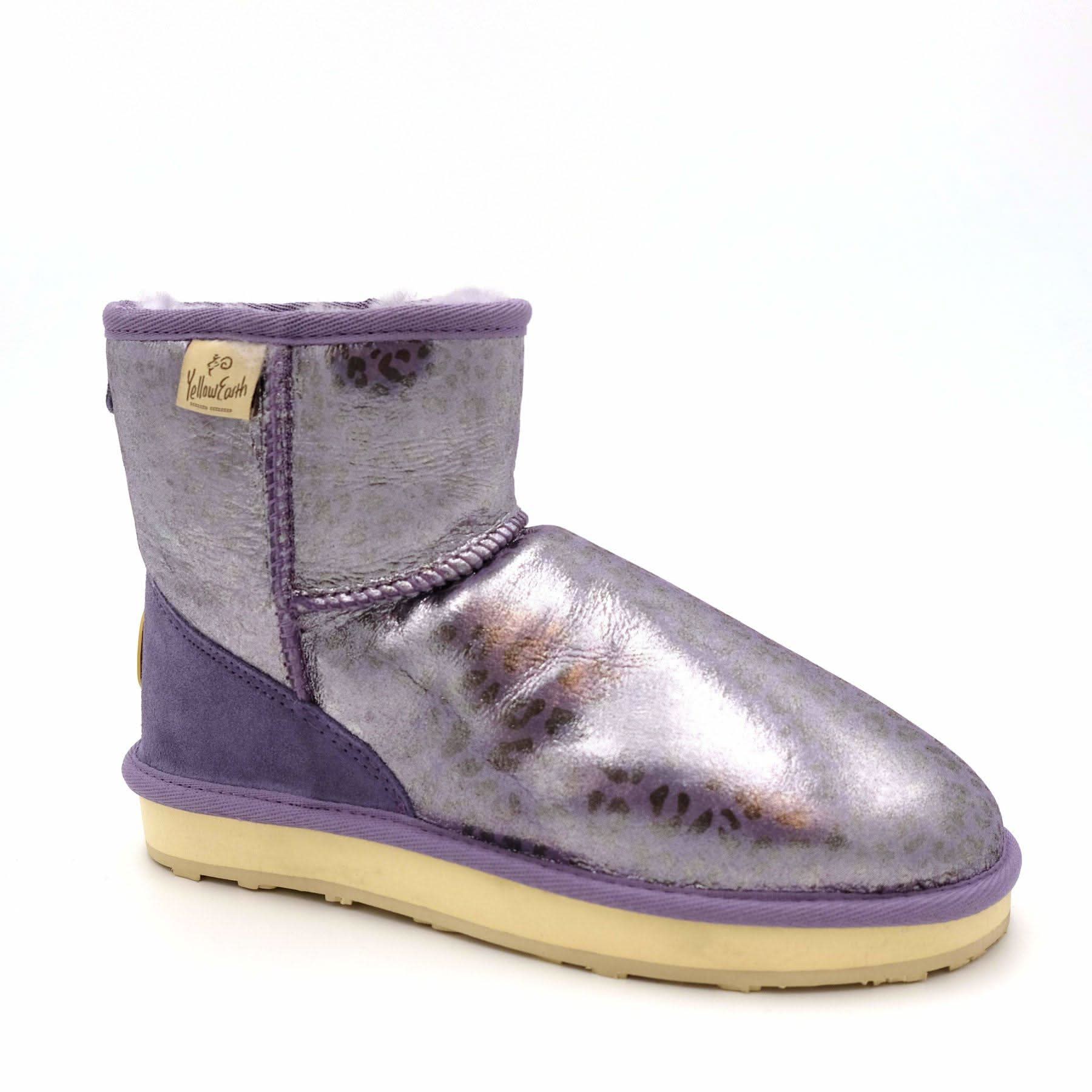 Purple metallic sheepskin ankle boot with crepe sole, side view. - Yellow Earth Australia