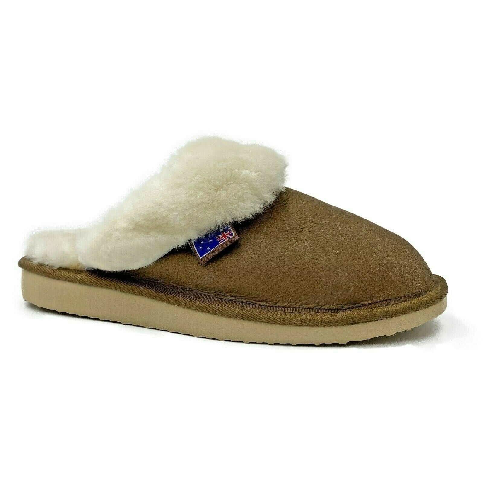 Tan sheepskin slipper with cream wool collar, side view on white background. - Yellow Earth Australia