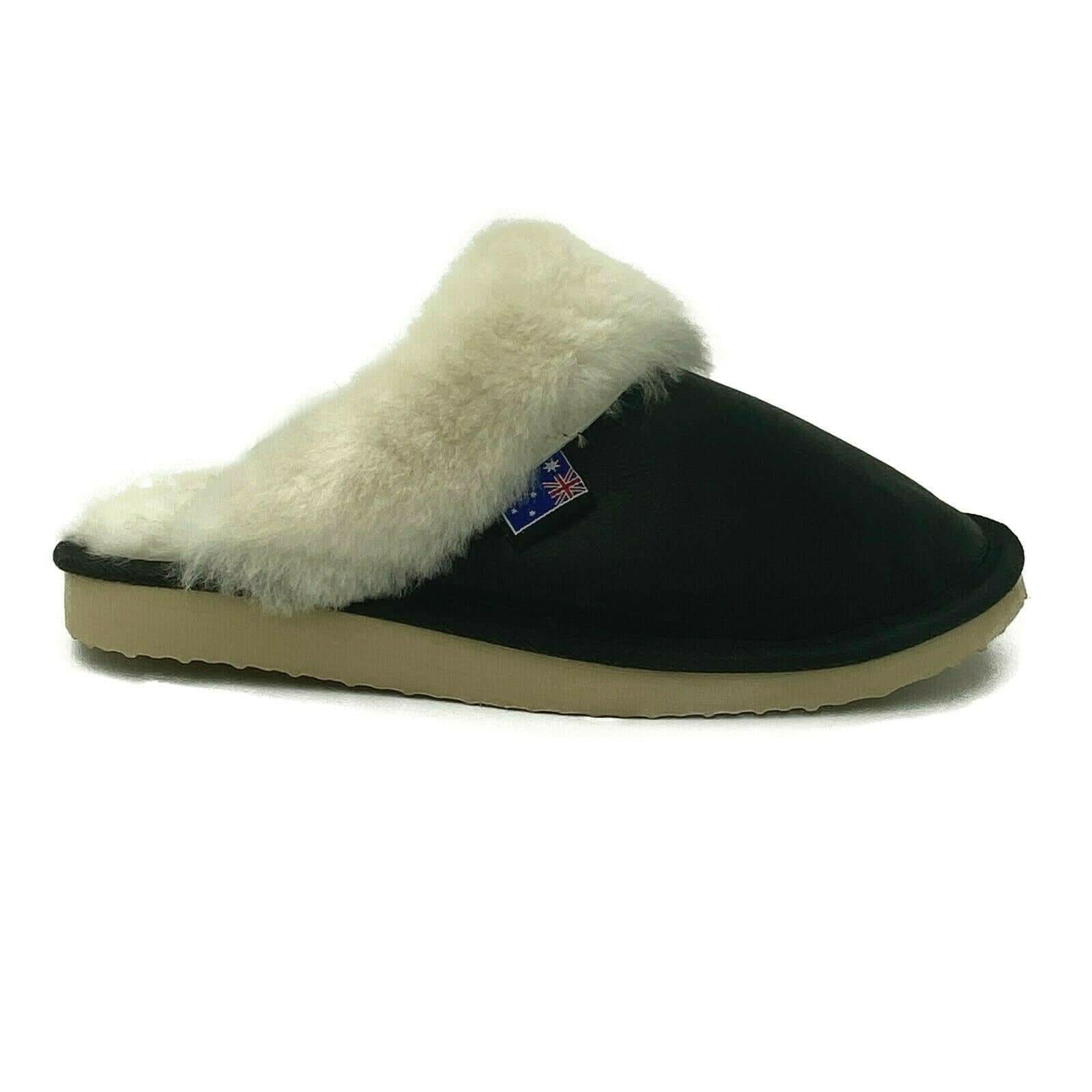 Black suede slipper with white sheepskin fur collar, side view. - Yellow Earth Australia