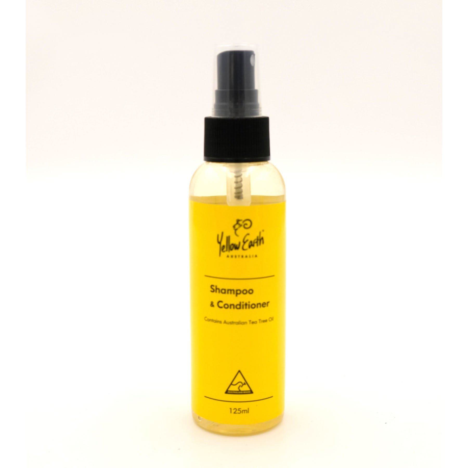 Yellow shampoo and conditioner spray bottle with black pump top on white background. - Yellow Earth Australia