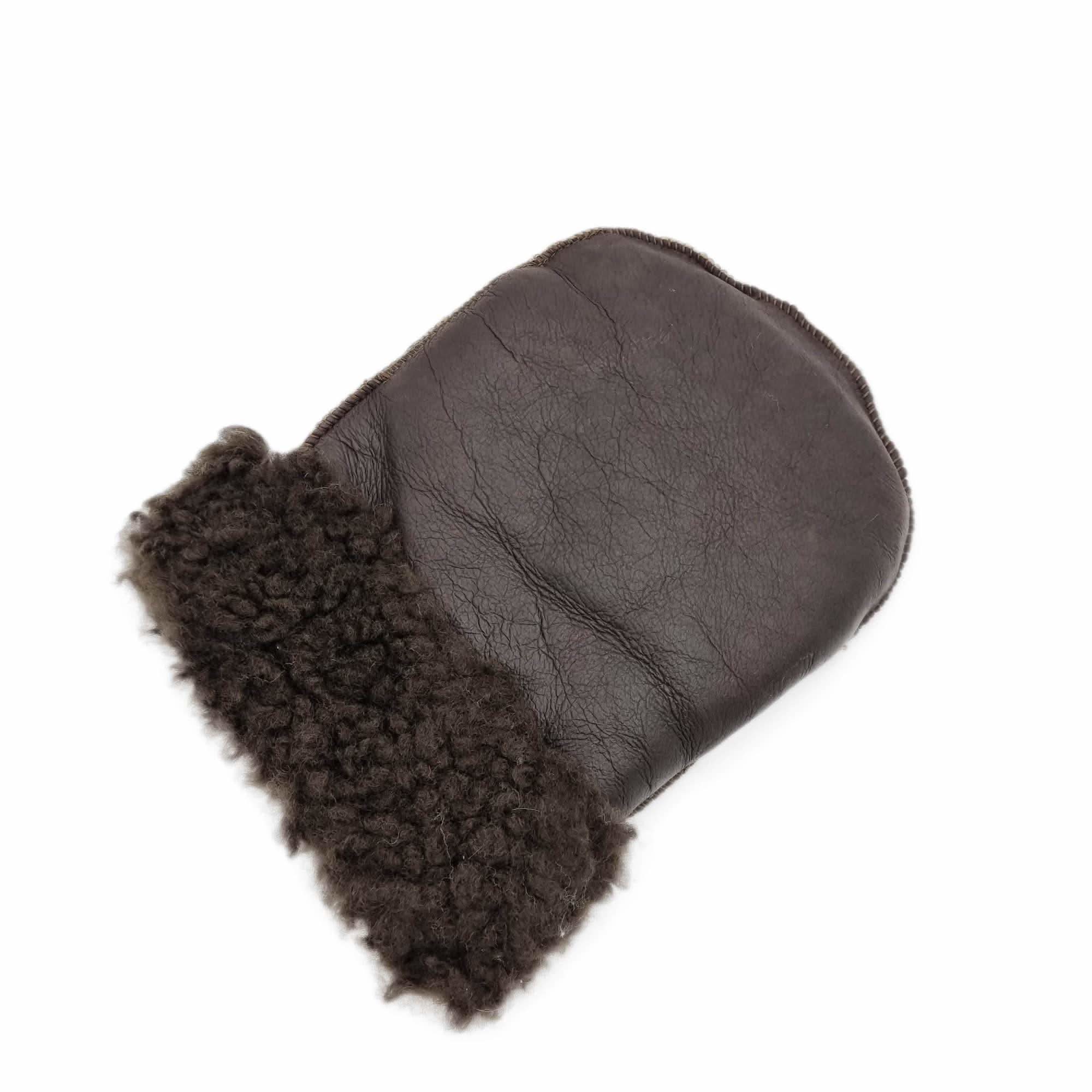 Dark brown sheepskin mitt with leather palm and curly wool cuff, top view. - Yellow Earth Australia