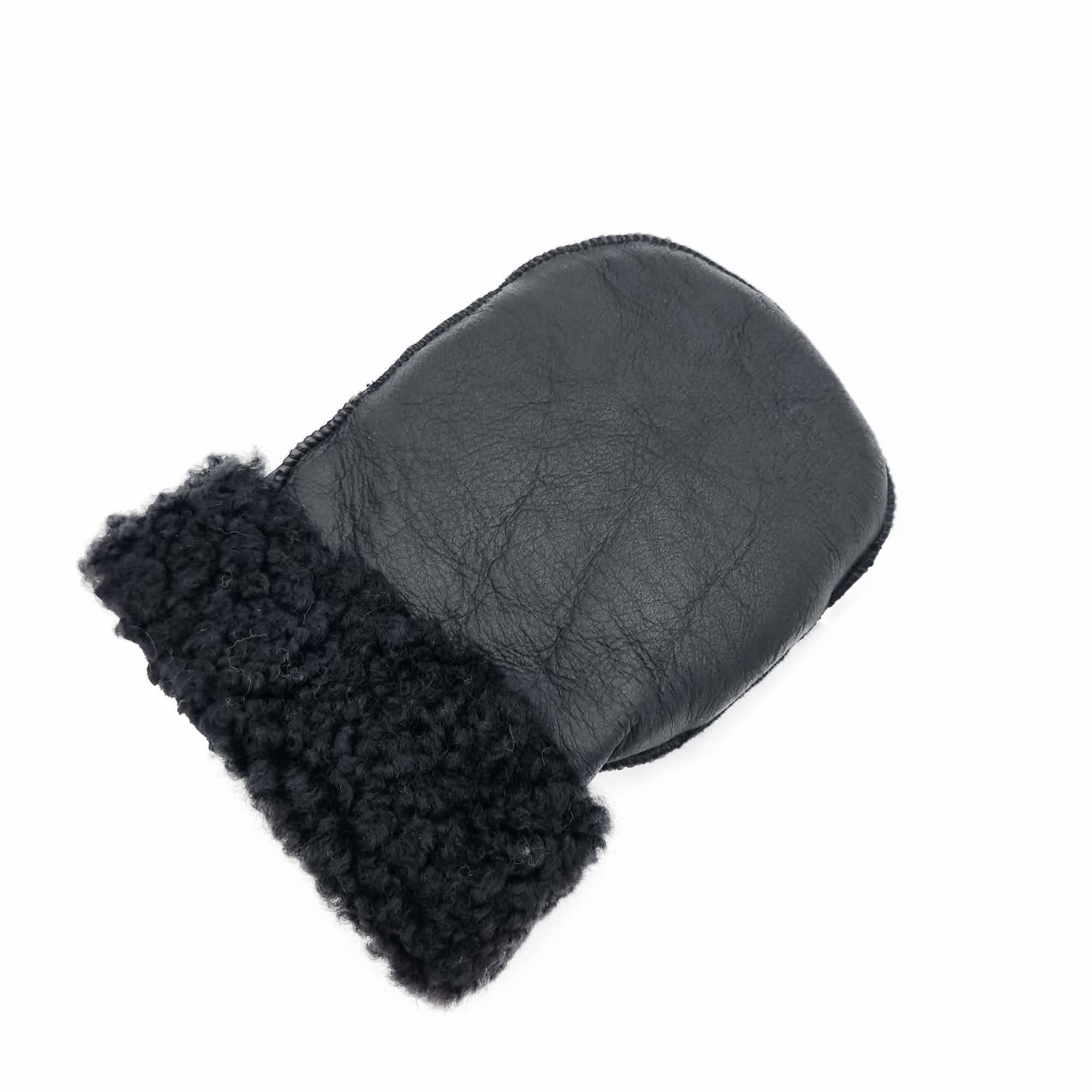 Black sheepskin mitt with soft wool lining and leather palm, top view. - Yellow Earth Australia