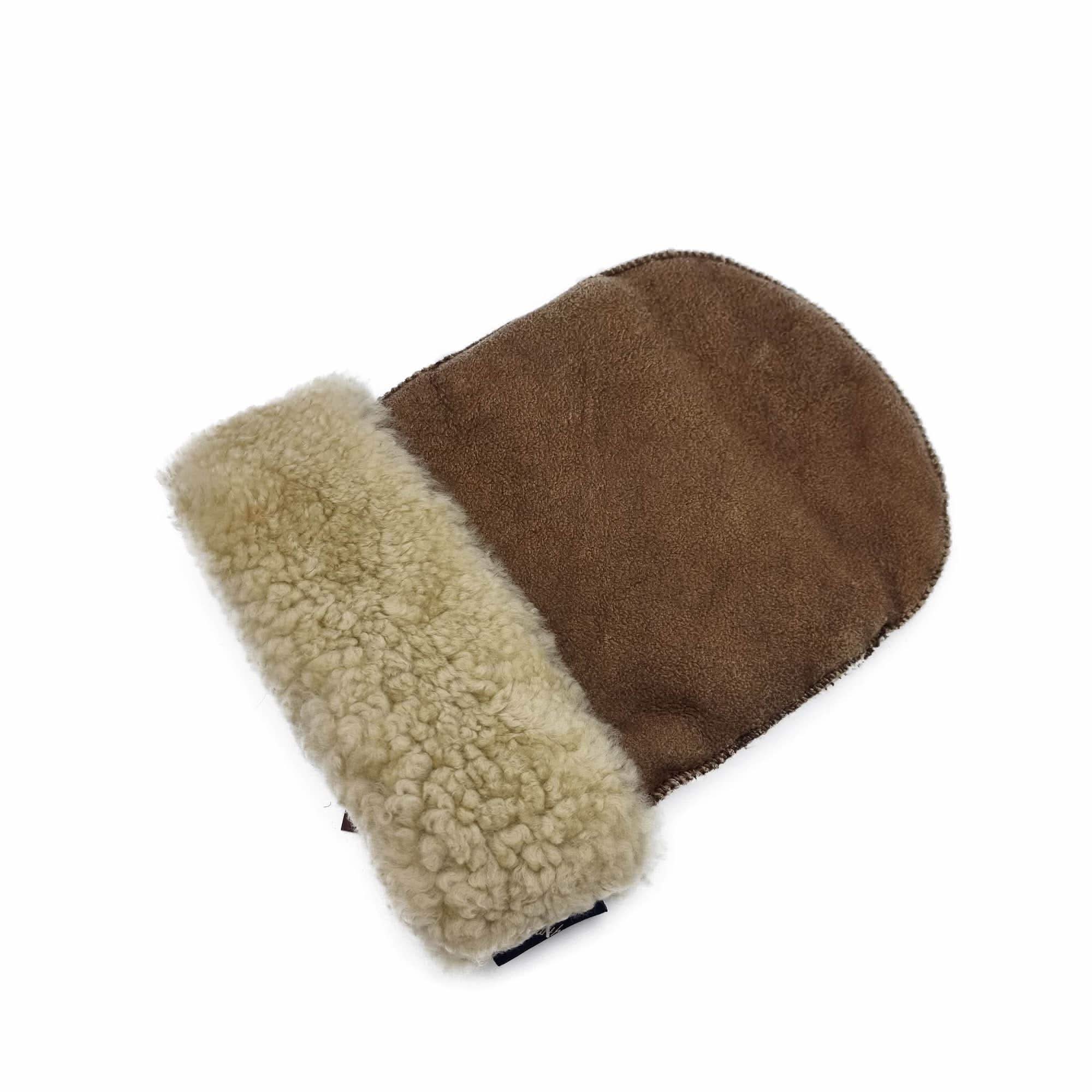Brown sheepskin mitt with cream wool lining, top view. - Yellow Earth Australia