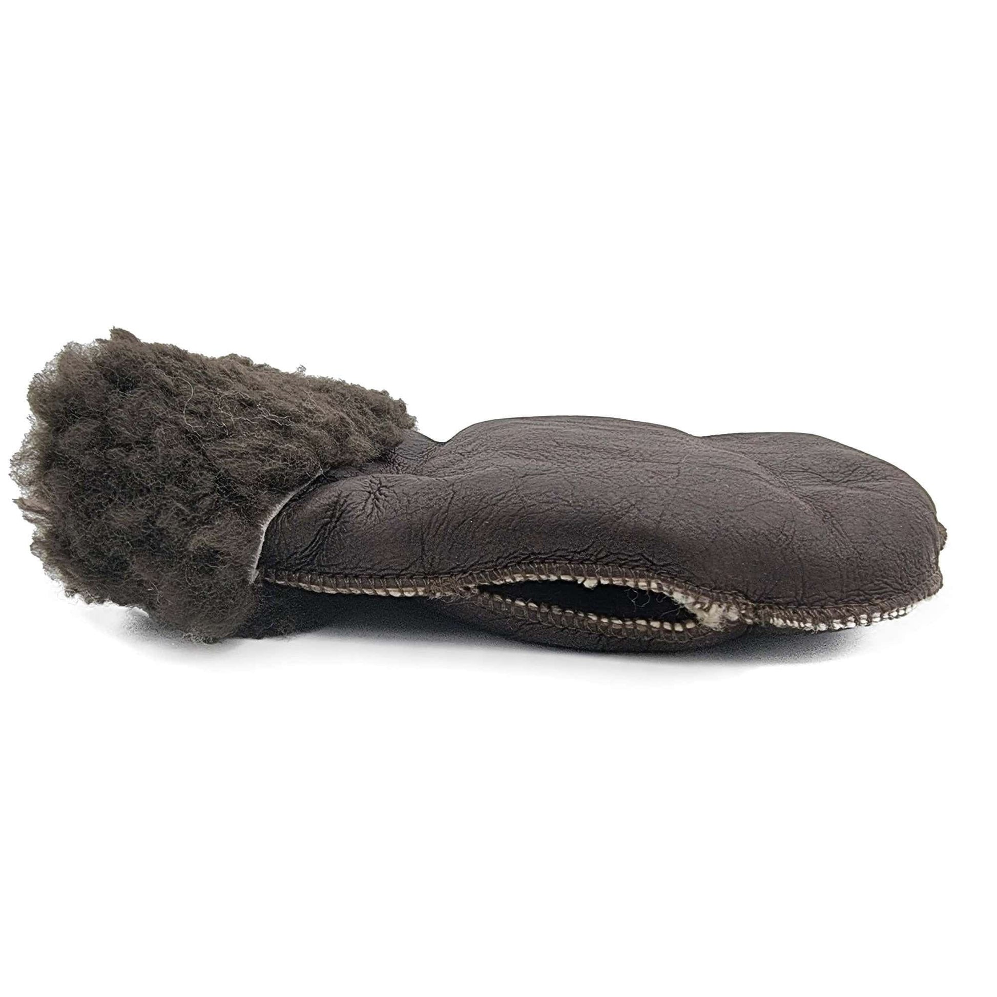 Grey sheepskin slipper with wool lining, side view on white background. - Yellow Earth Australia