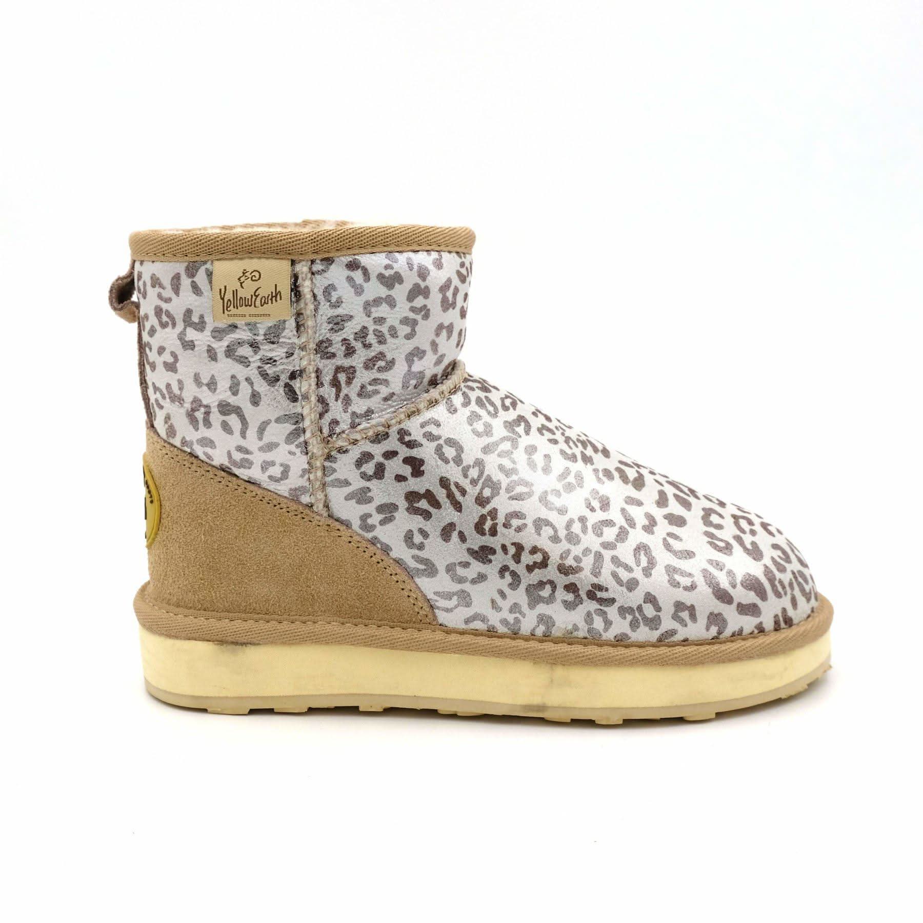 Leopard print sheepskin boot with cream and tan suede in side profile view. - Yellow Earth Australia