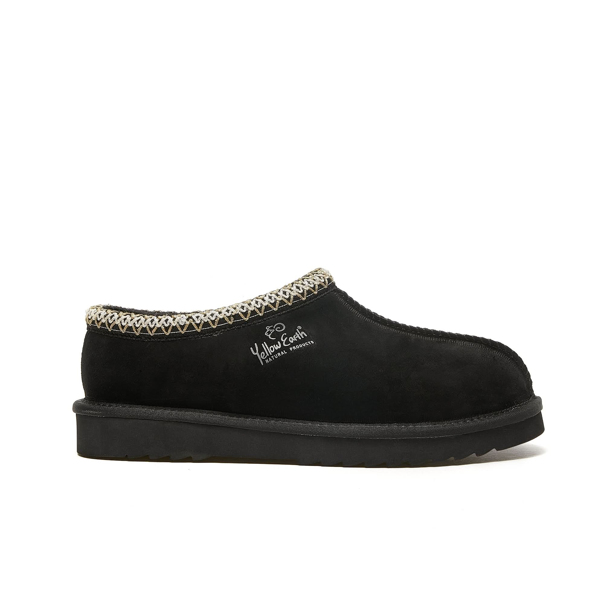 Black suede sheepskin slipper with knit collar trim, side view. - Yellow Earth Australia