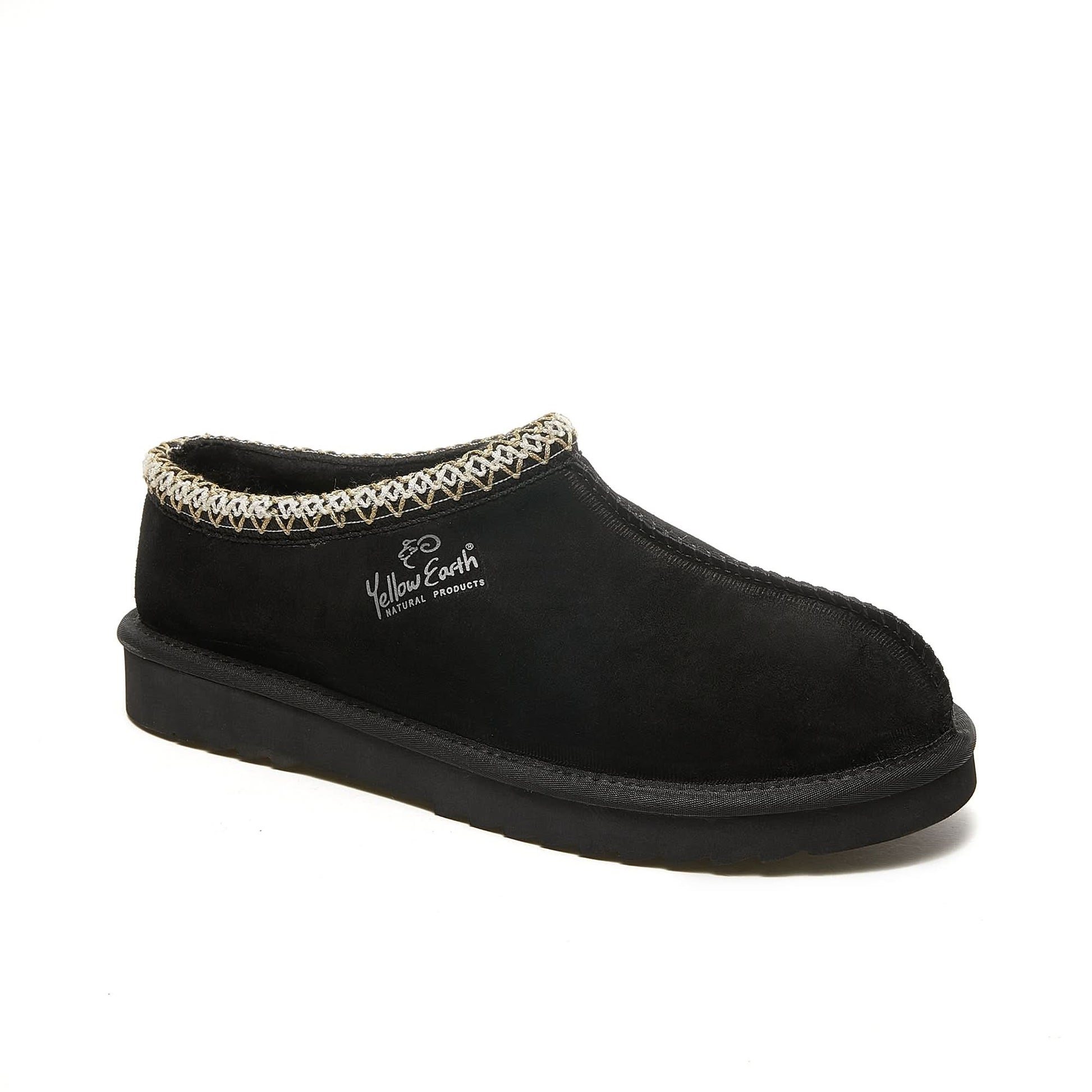 Black suede sheepskin slipper with cream knit trim, side view. - Yellow Earth Australia