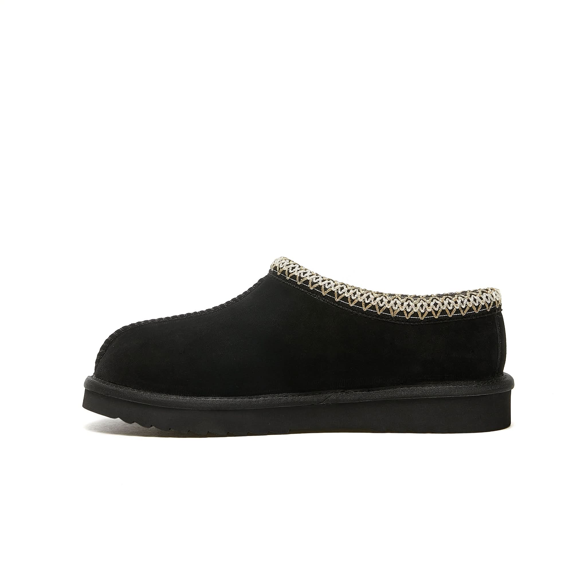 Black suede sheepskin slipper with knit collar trim, side view. - Yellow Earth Australia
