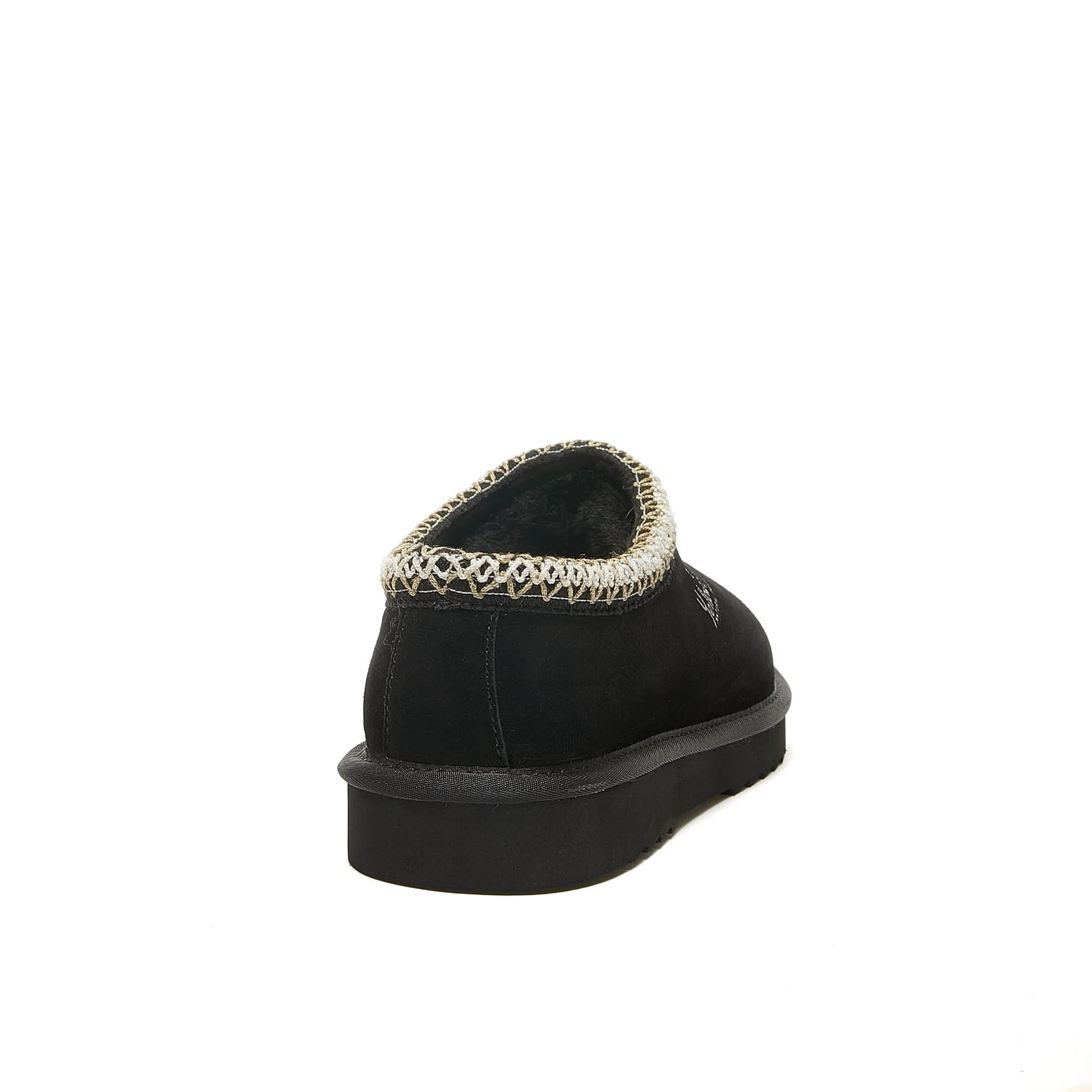 Black suede moccasin slipper with cream knit collar, rear view. - Yellow Earth Australia