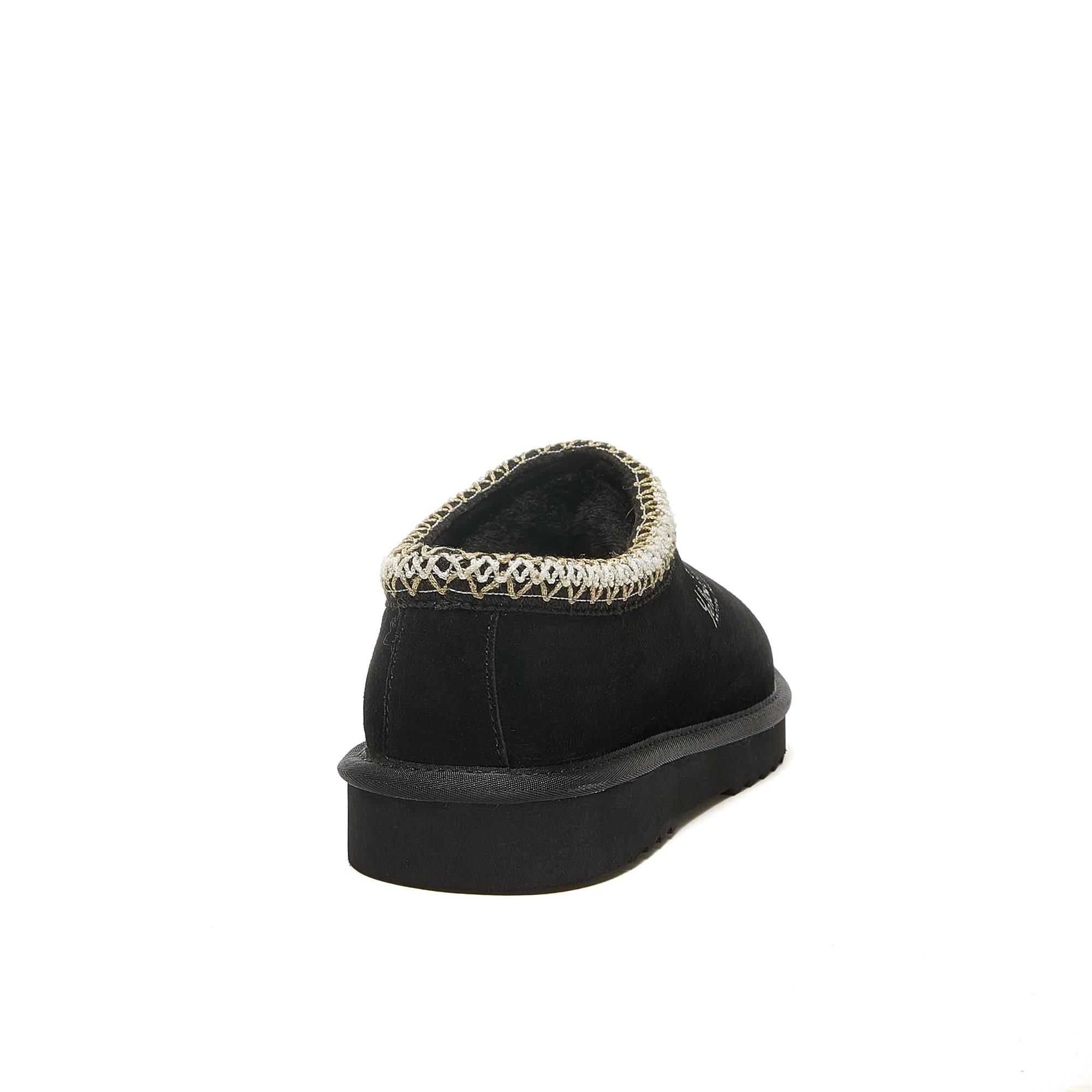 Black suede moccasin slipper with cream knit collar, rear view. - Yellow Earth Australia