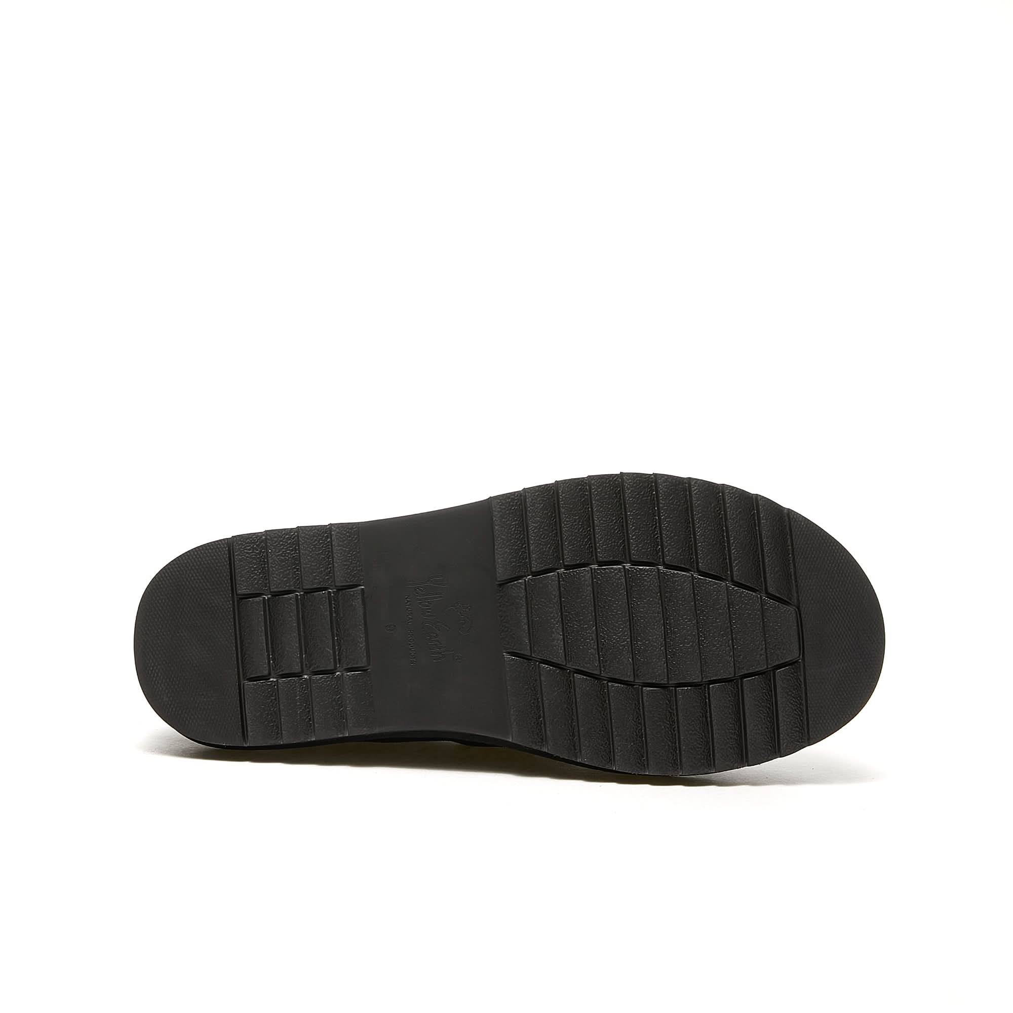 Black leather shoe sole with textured tread pattern, bottom view. - Yellow Earth Australia