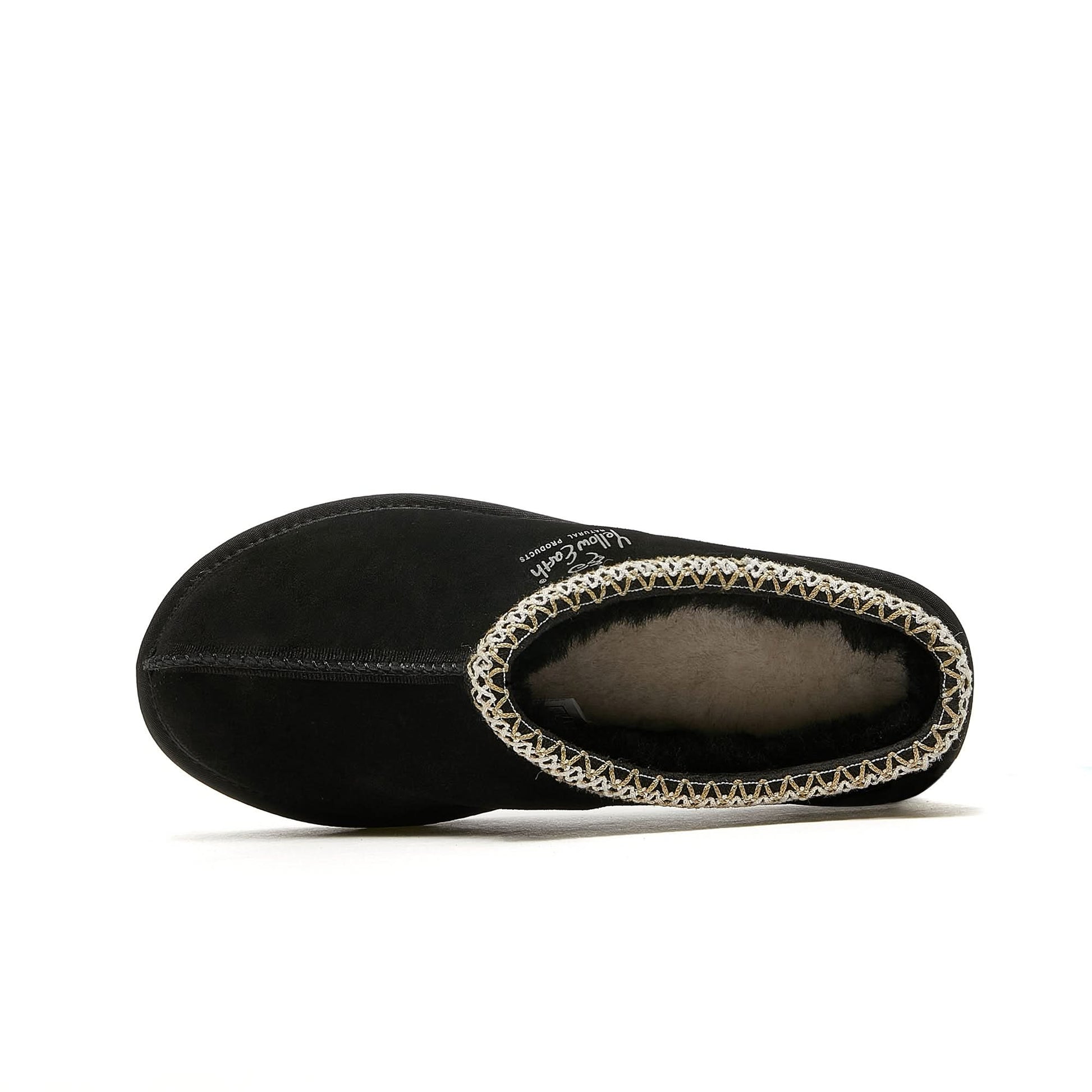 Black sheepskin slipper boot with cream wool lining, overhead view. - Yellow Earth Australia