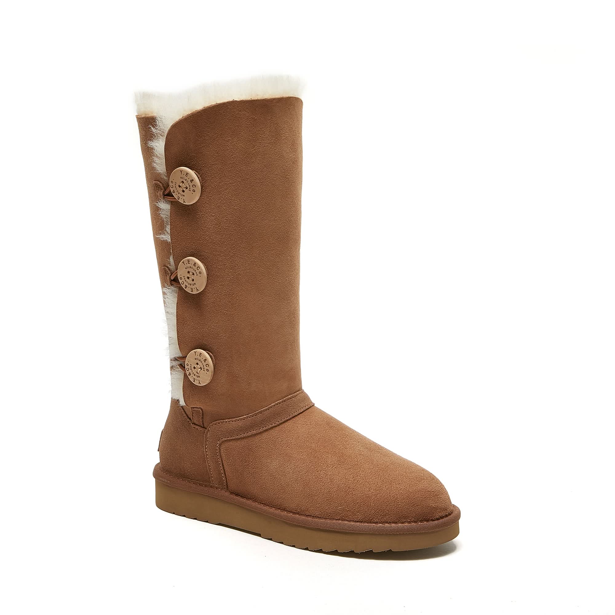 Chestnut suede sheepskin boot with fleece lining and decorative buttons, side view. - Yellow Earth Australia