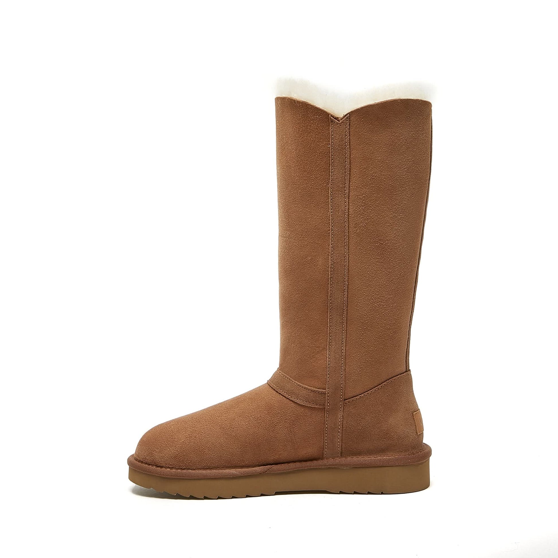 Tall chestnut suede sheepskin boot with cream wool collar, side view. - Yellow Earth Australia