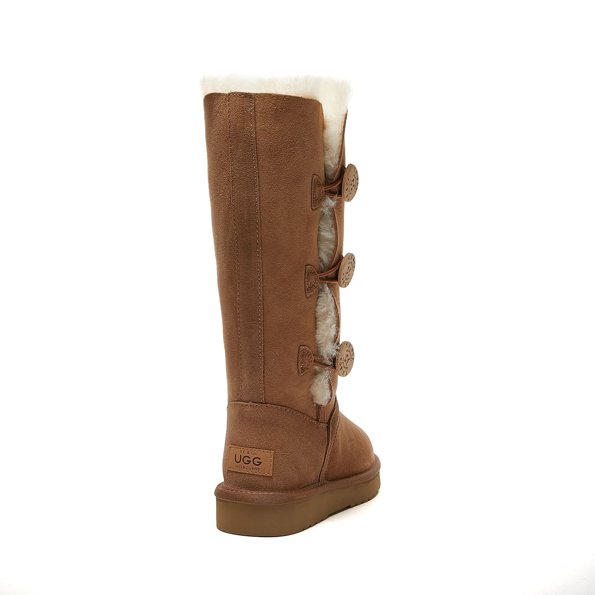 Tall chestnut suede sheepskin boot with button details, rear view. - Yellow Earth Australia