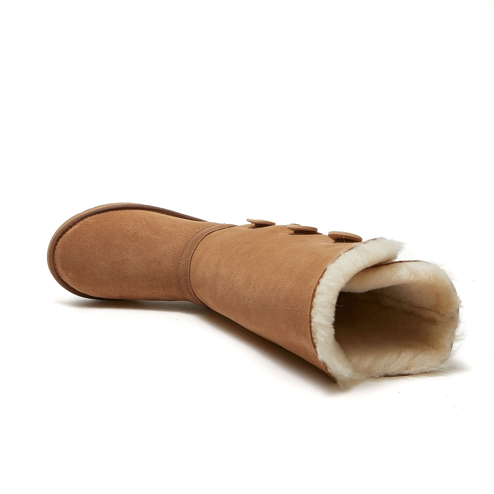 Chestnut suede sheepskin boots with cream wool lining, side view. - Yellow Earth Australia