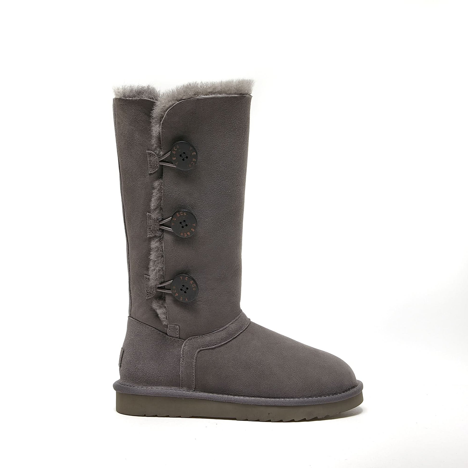 Tall grey sheepskin boot with three decorative buttons, front view. - Yellow Earth Australia