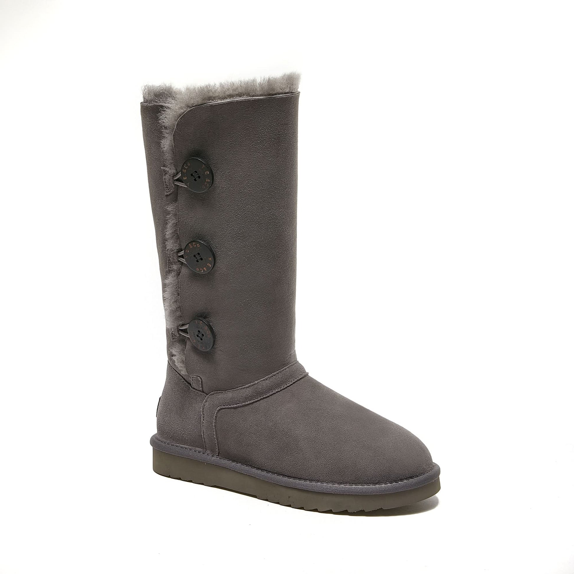 Grey sheepskin tall boot with button details and fluffy wool lining, side view. - Yellow Earth Australia