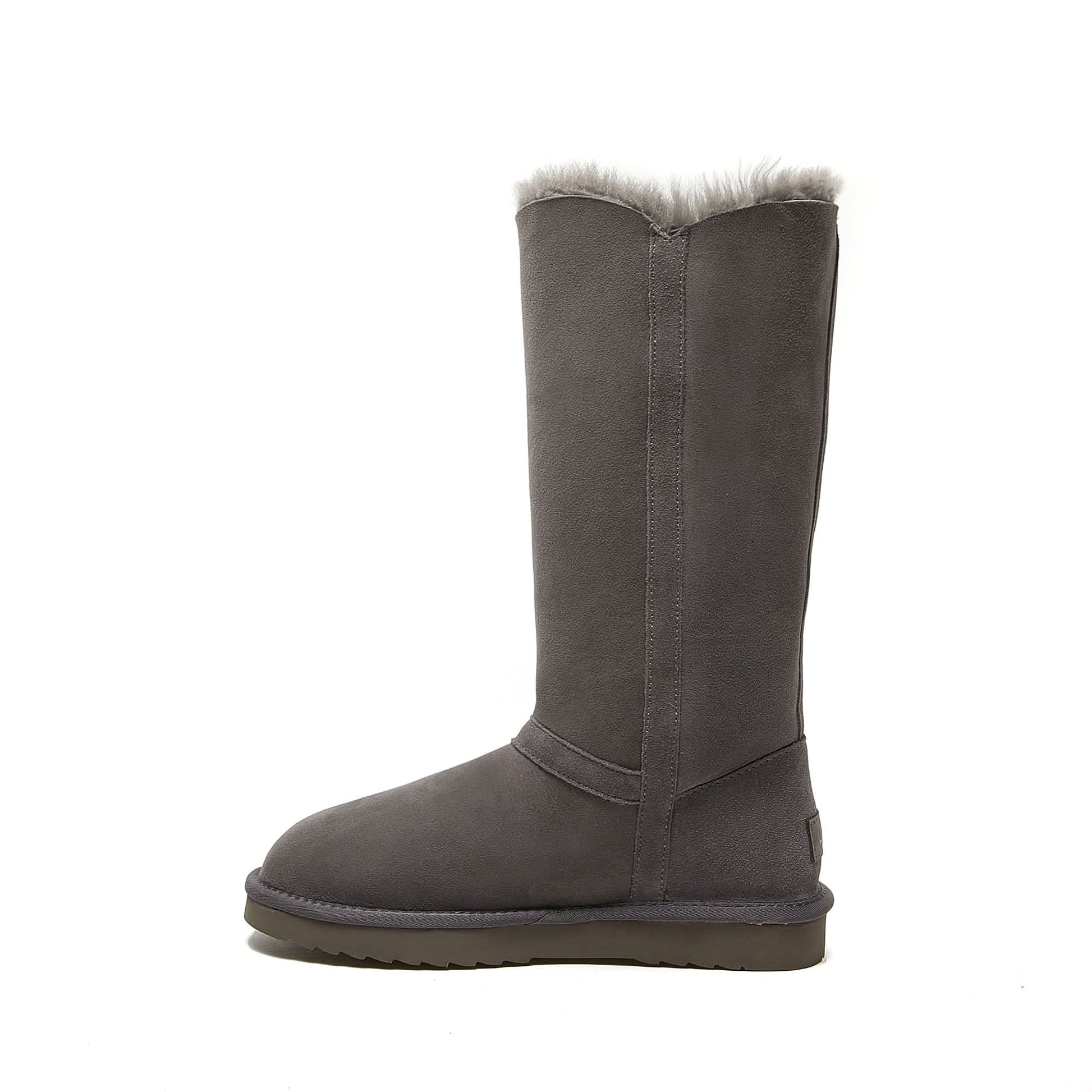 Grey tall sheepskin wool boot with fluffy fleece lining, side view. - Yellow Earth Australia