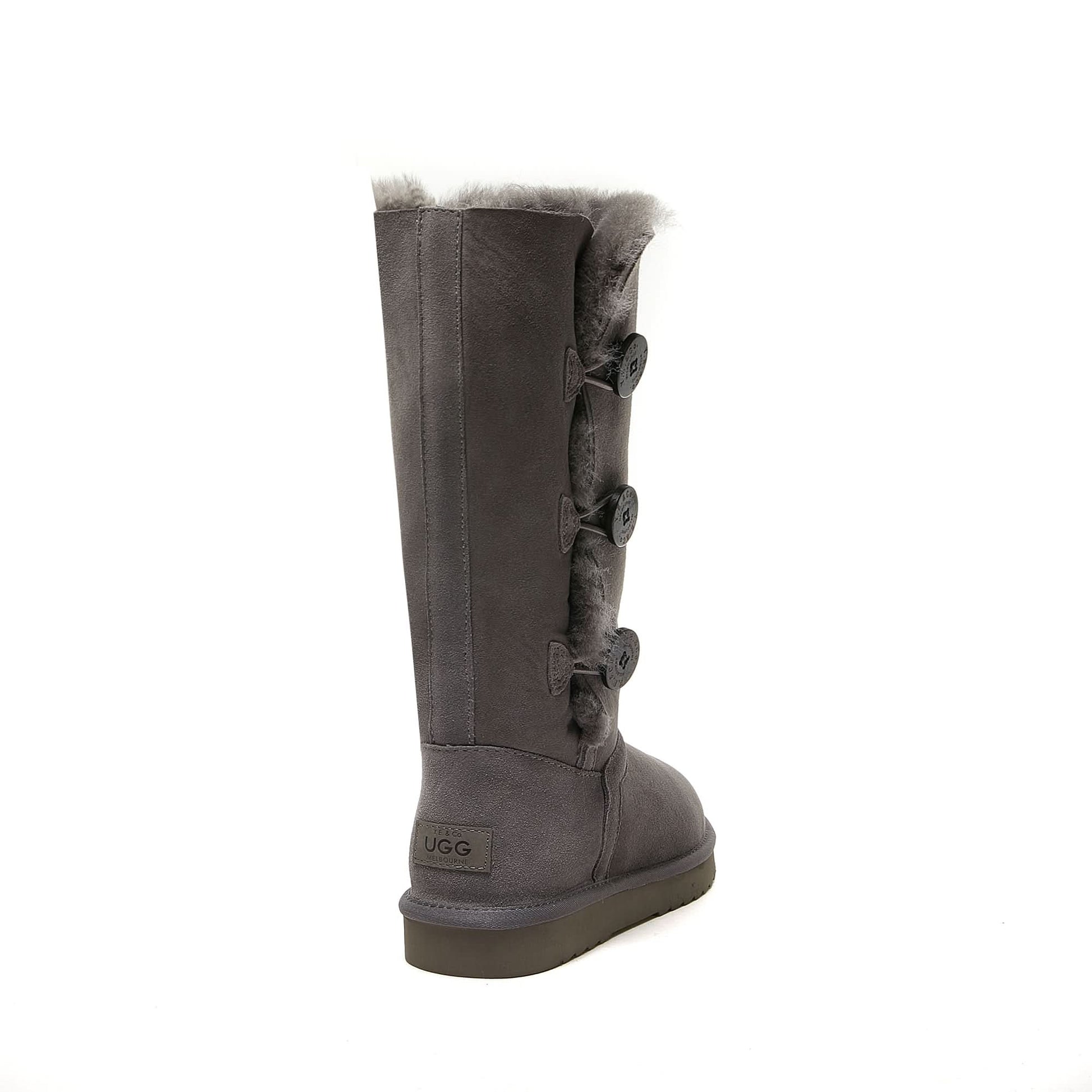 Grey sheepskin tall boot with button details and wool lining, rear view. - Yellow Earth Australia
