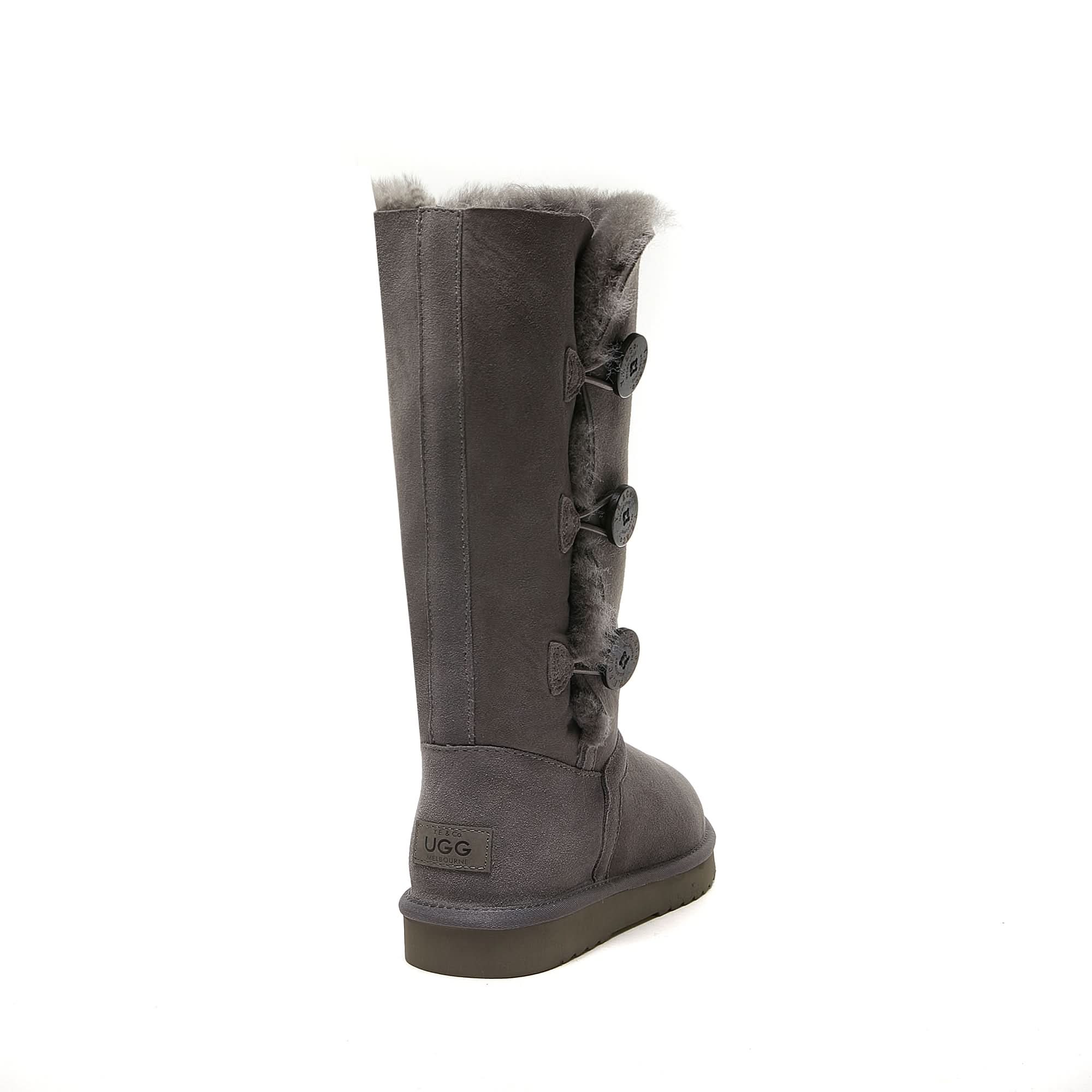 Grey sheepskin tall boot with button details and wool lining, rear view. - Yellow Earth Australia
