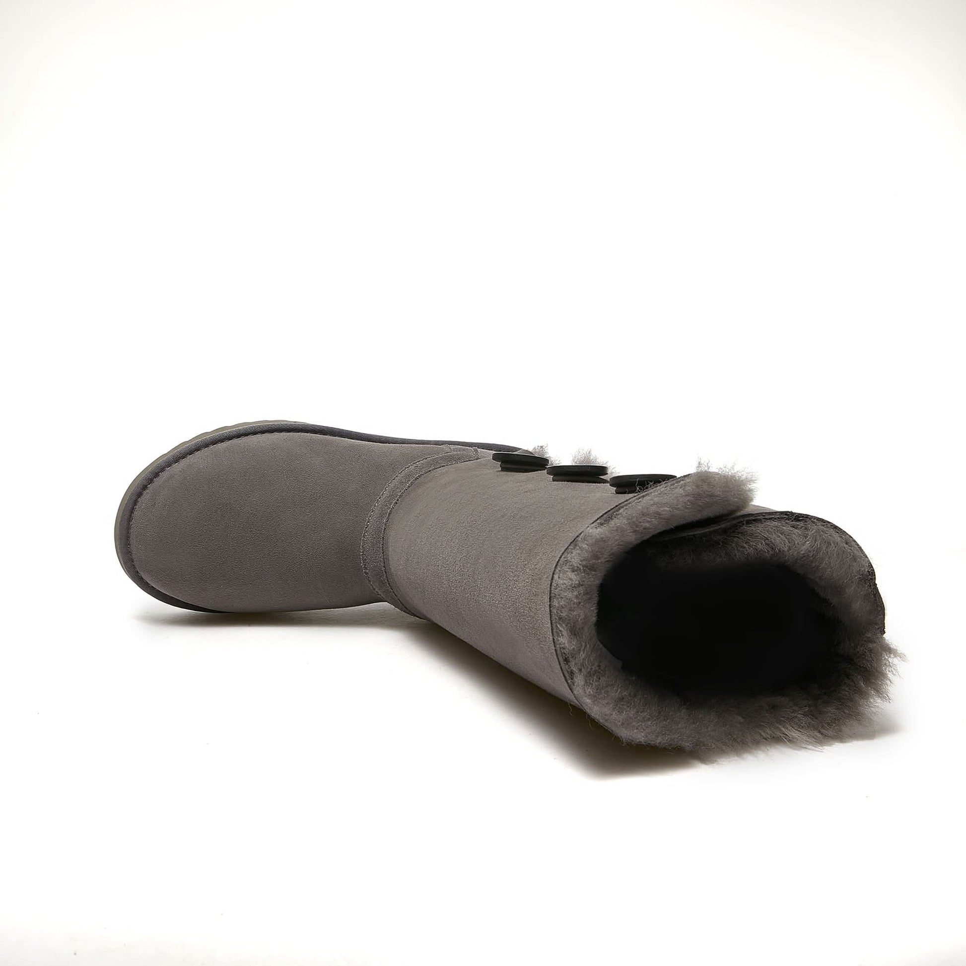Grey sheepskin boots with fluffy wool lining, top-down view. - Yellow Earth Australia