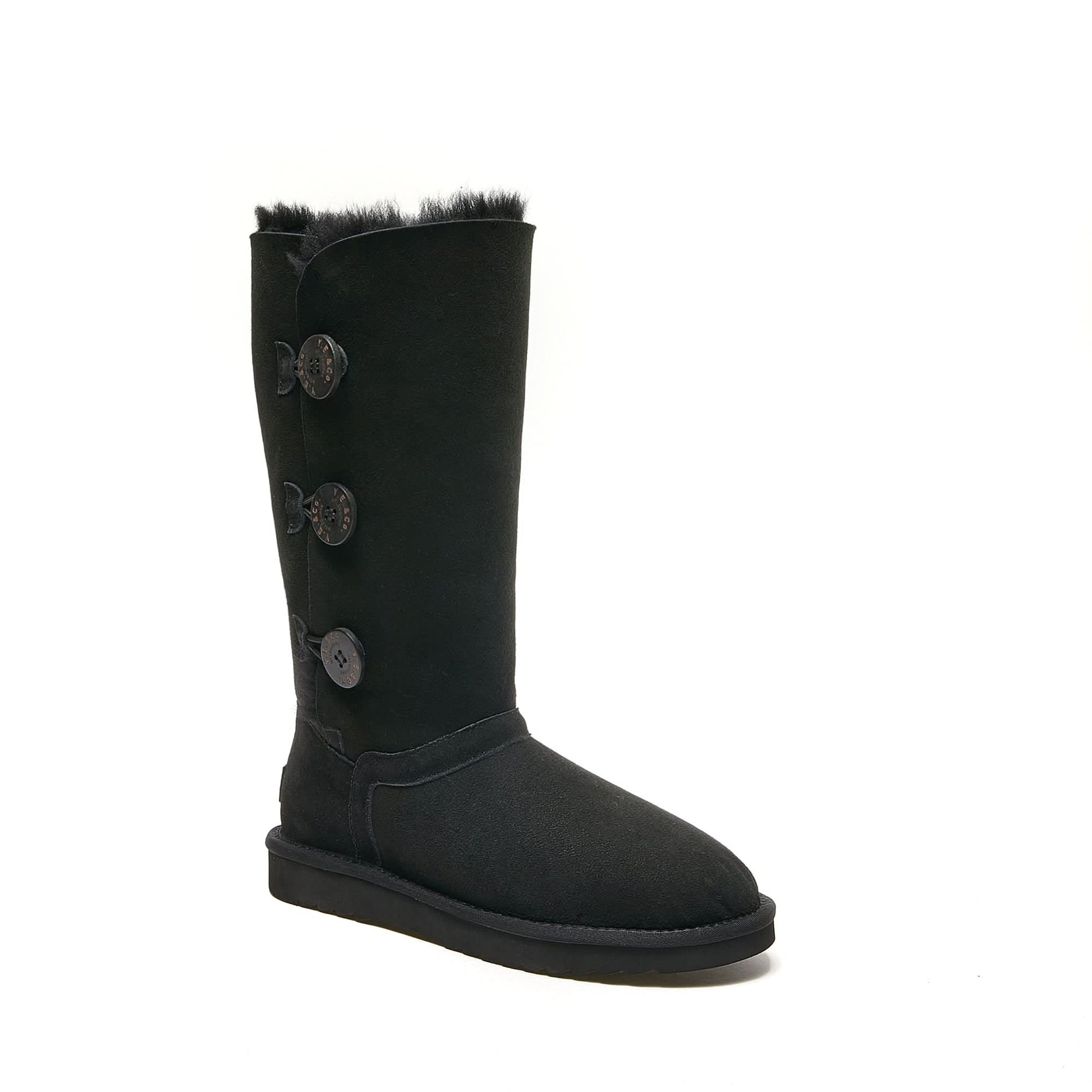 Black tall sheepskin boot with fur trim and decorative buttons, side view. - Yellow Earth Australia