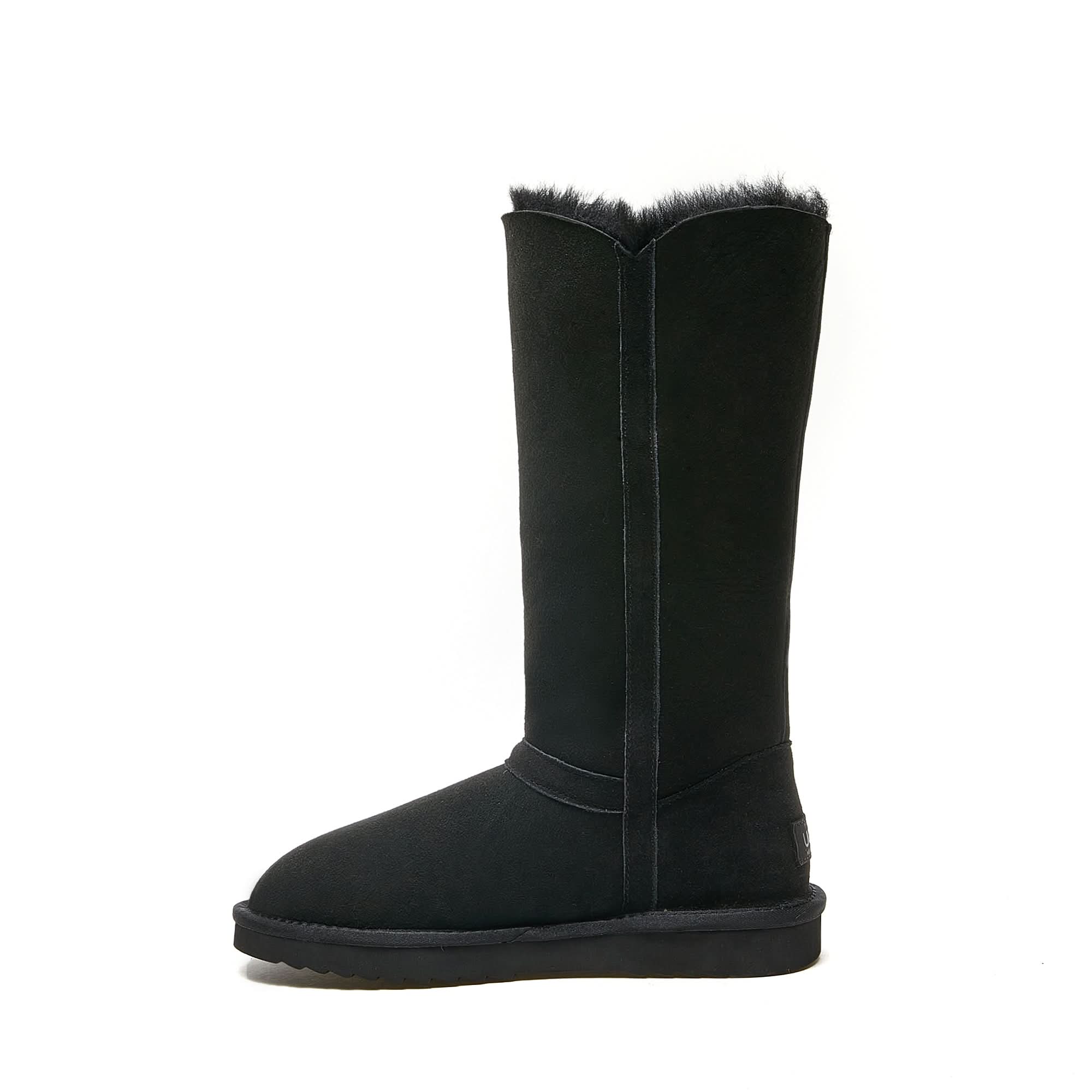 Black sheepskin tall boots with wool lining, side view. - Yellow Earth Australia