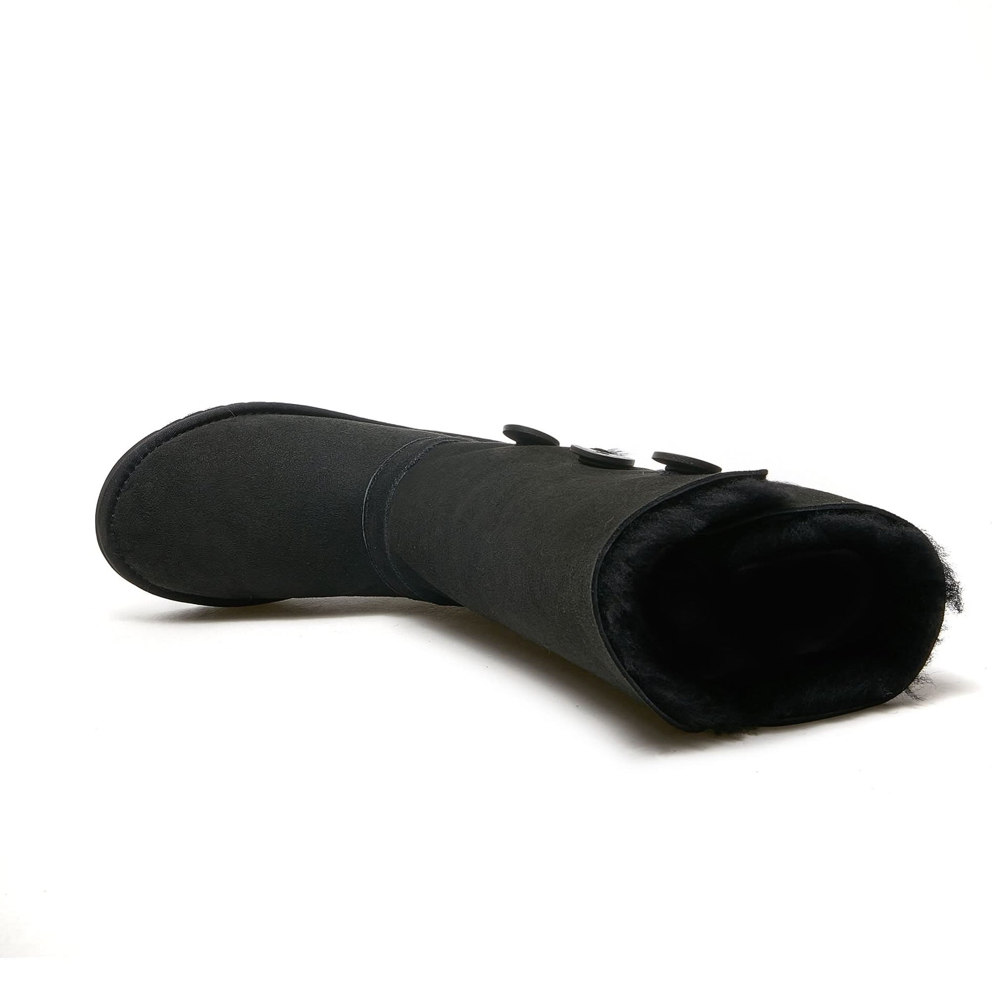 Black suede sheepskin winter boot with fleece lining, side view. - Yellow Earth Australia
