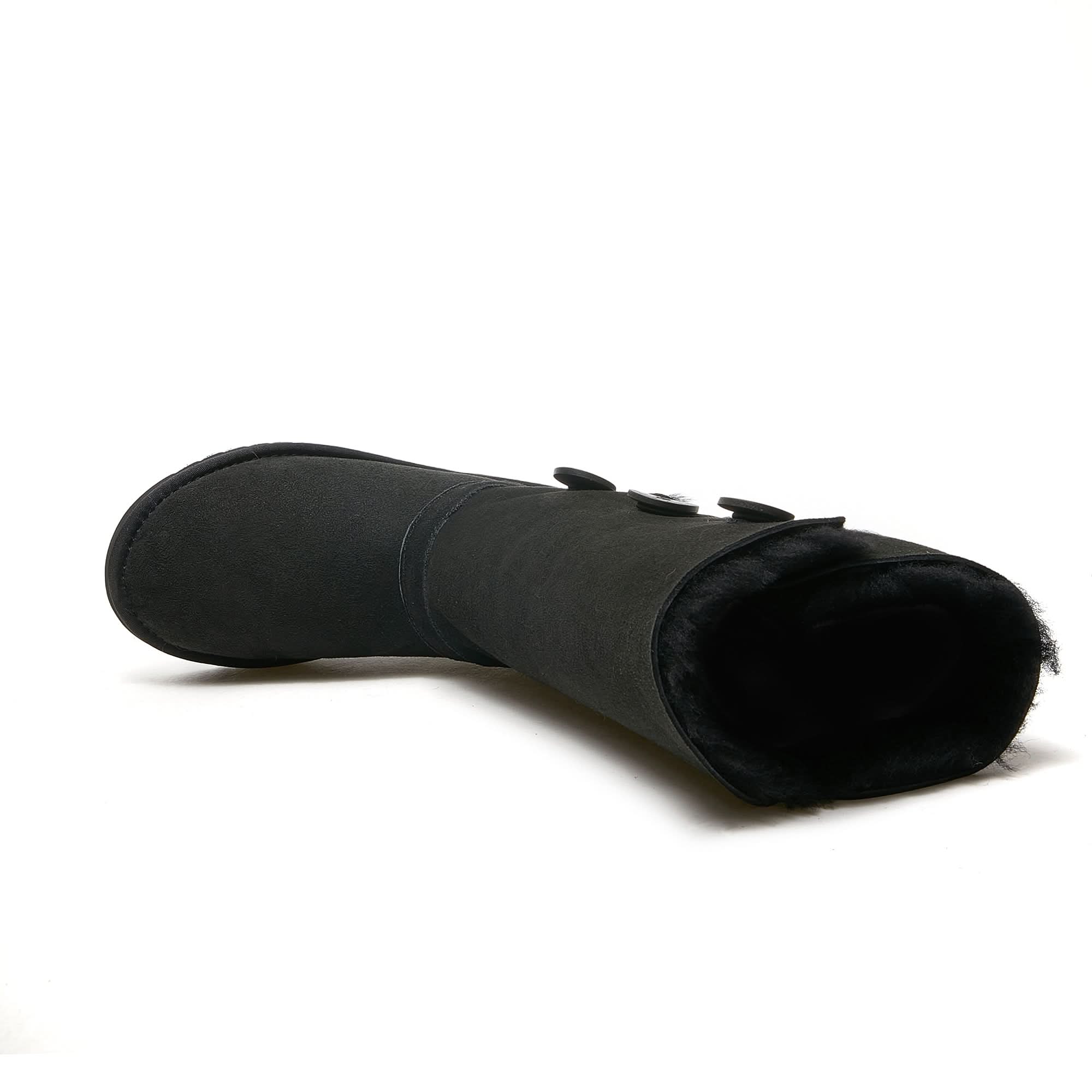 Black suede sheepskin winter boot with fleece lining, side view. - Yellow Earth Australia