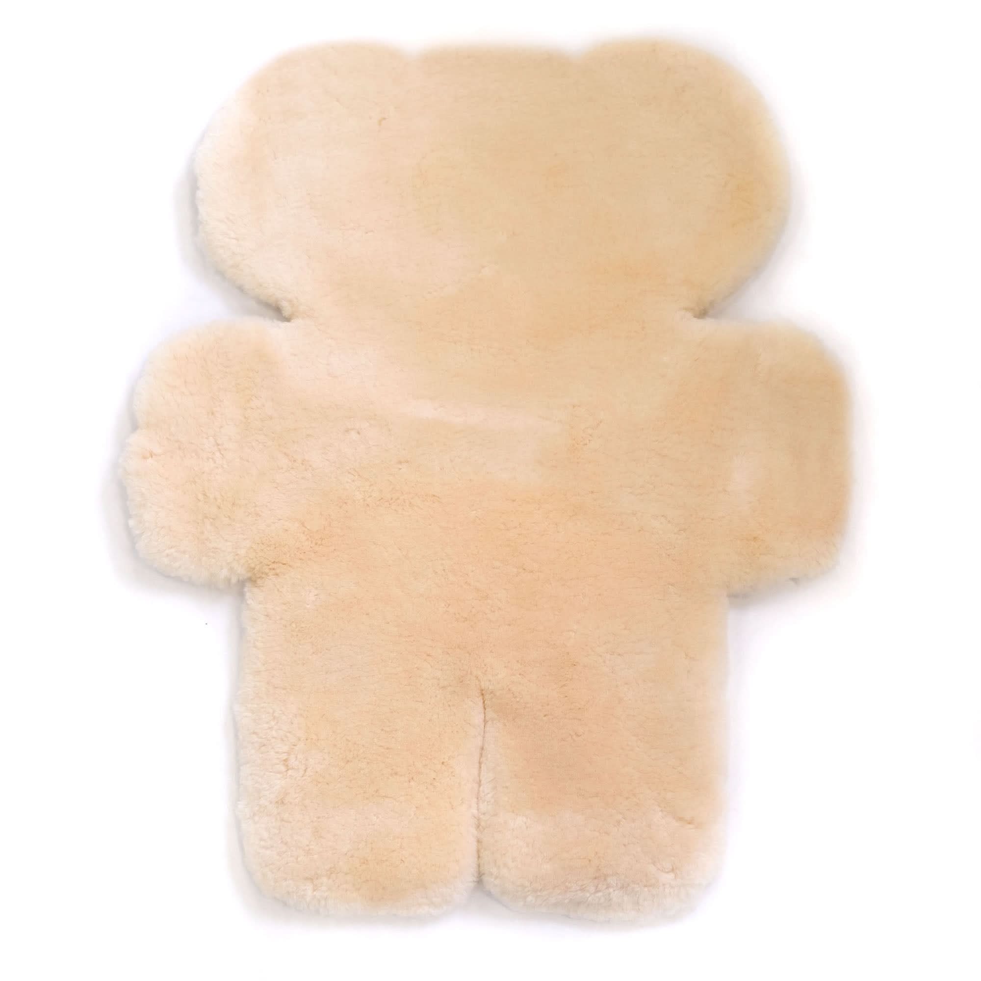 Cream sheepskin teddy bear viewed from front showing soft fluffy wool texture. - Yellow Earth Australia