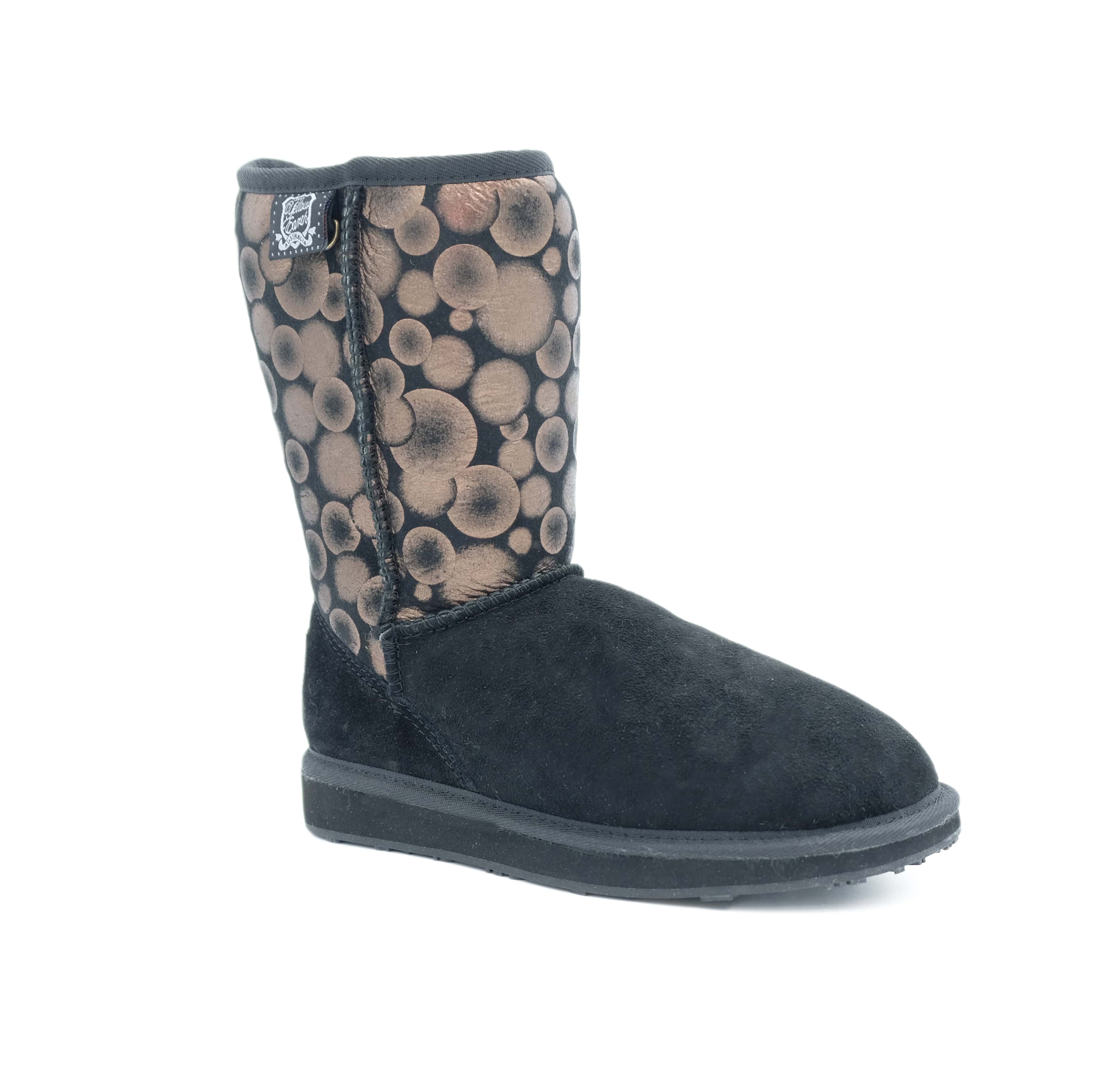 Black and tan sheepskin wool boot with circular pattern design, side view. - Yellow Earth Australia