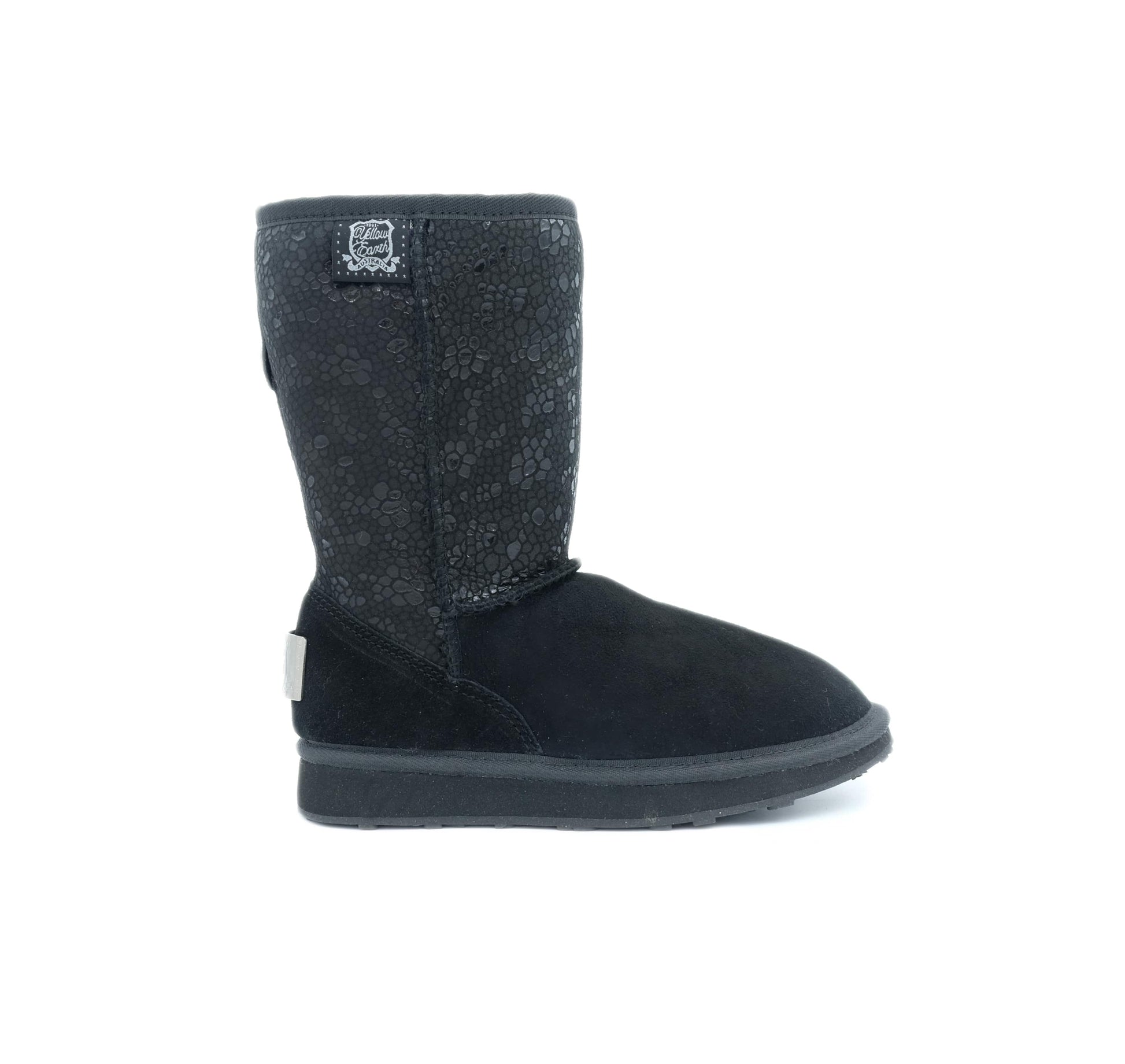Black sheepskin boot with leopard print upper calf section, side view. - Yellow Earth Australia