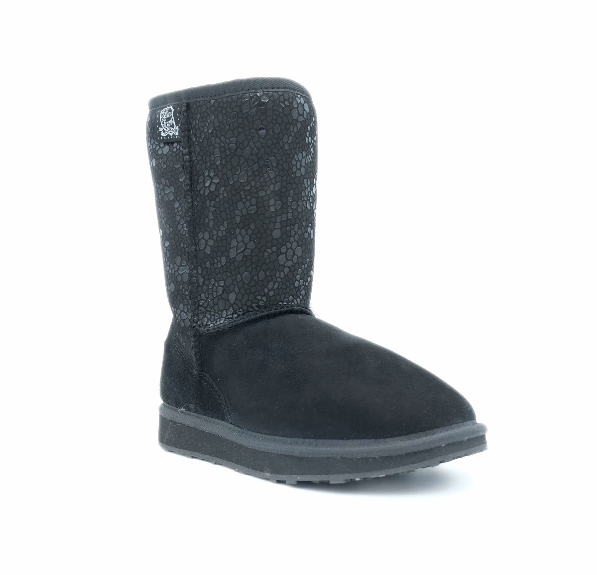 Black sequin and suede sheepskin boot with wool lining, side view. - Yellow Earth Australia