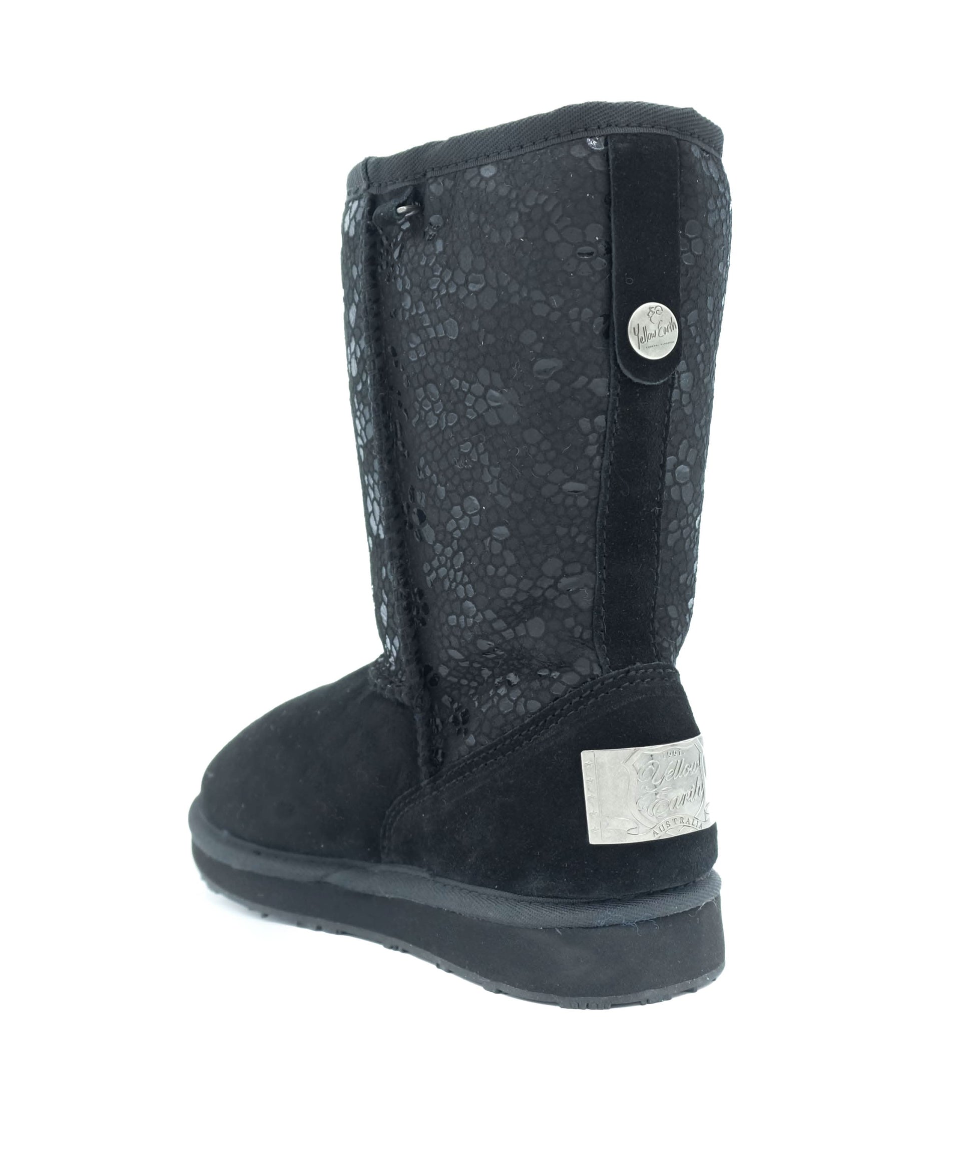 Black sheepskin mid-calf boot with textured upper and suede foot, rear three-quarter view. - Yellow Earth Australia