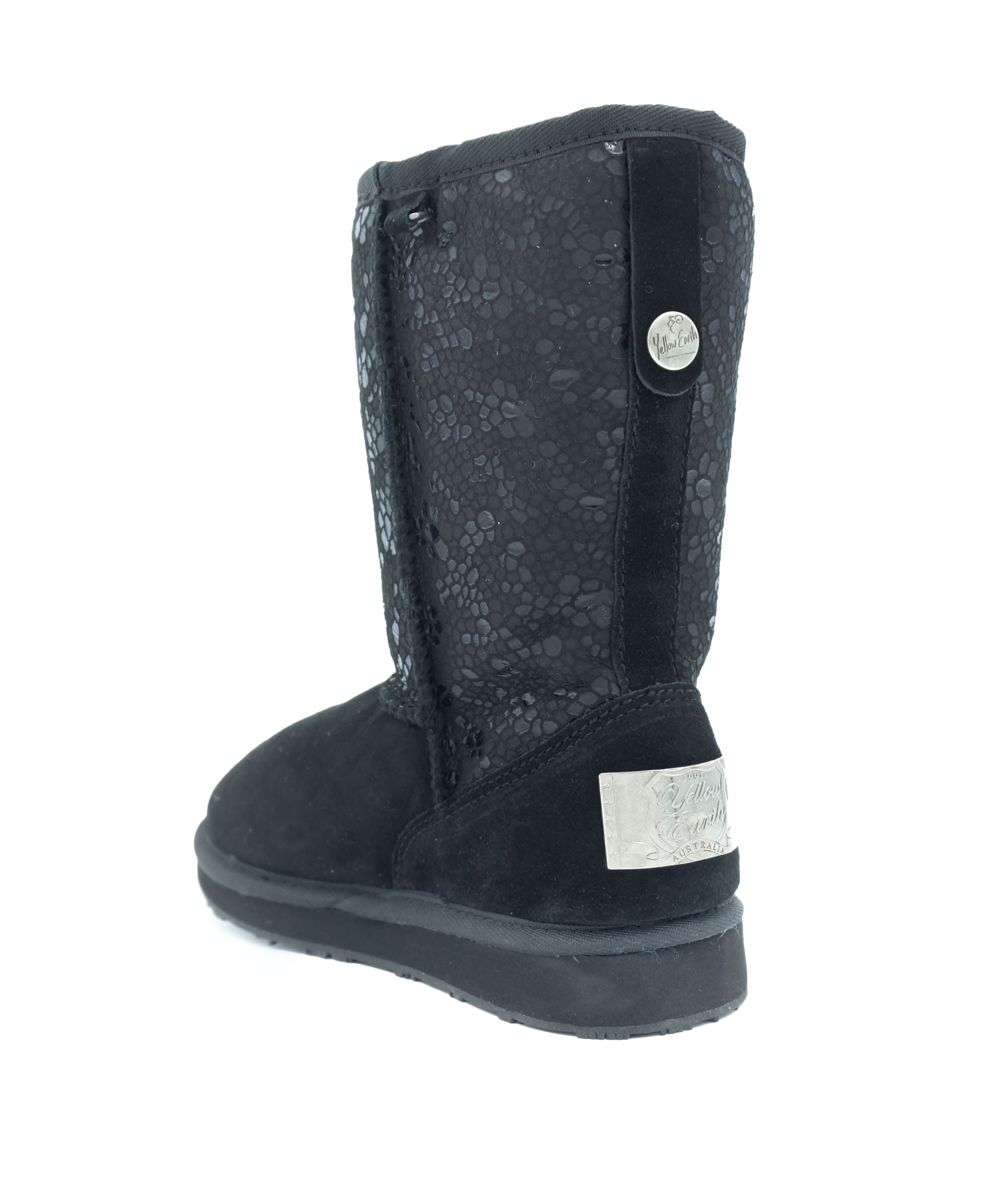Black sheepskin mid-calf boot with textured upper and suede foot, rear three-quarter view. - Yellow Earth Australia