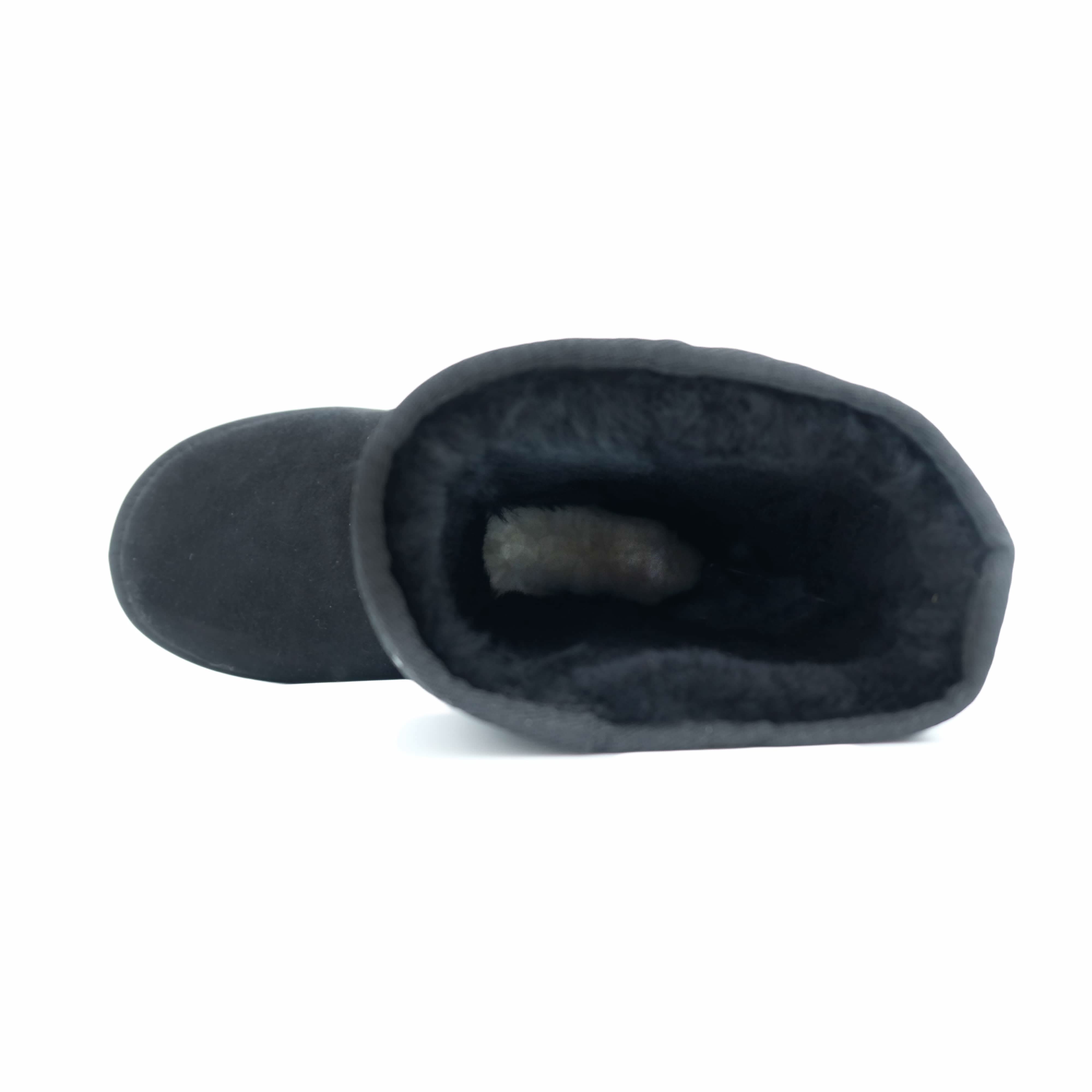 Black sheepskin boot with fluffy wool lining, top-down view. - Yellow Earth Australia