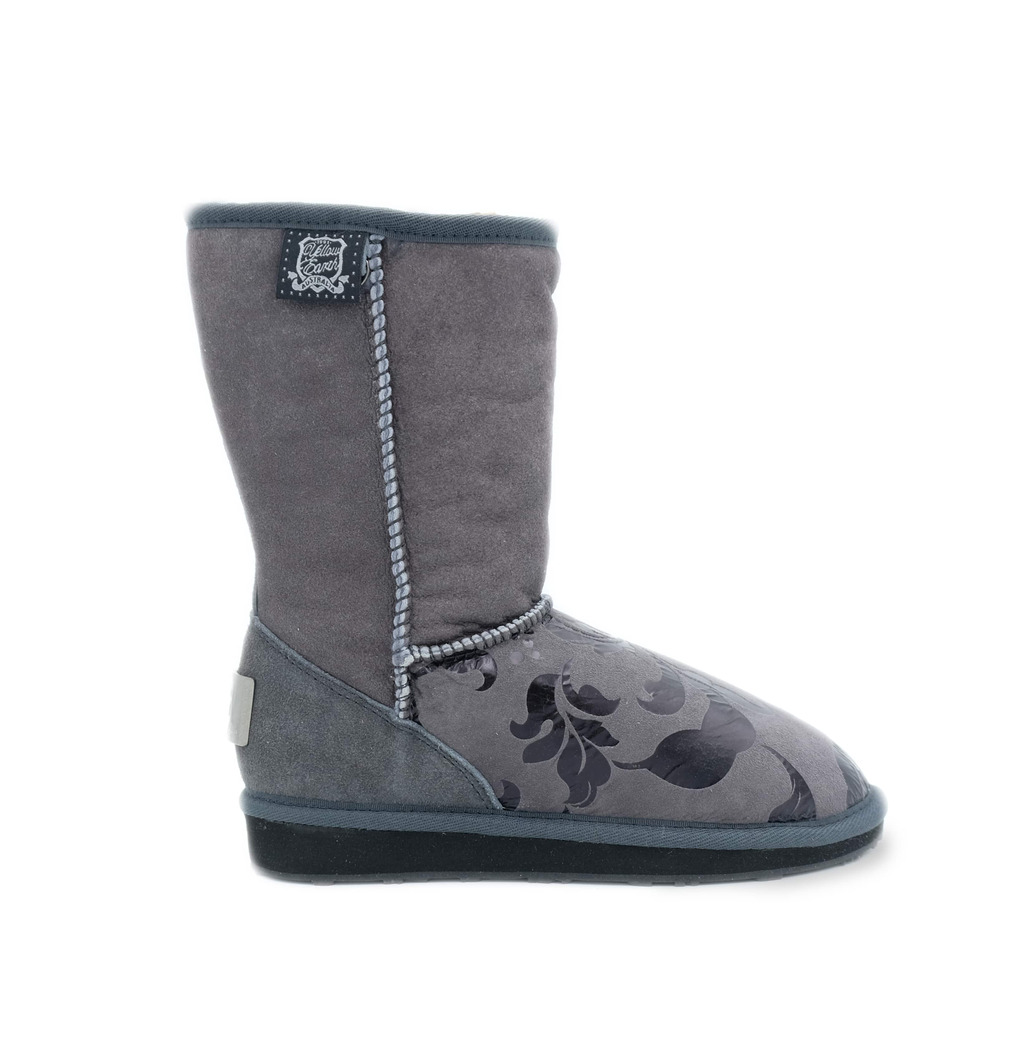 Grey sheepskin mid-calf boot with decorative stitching and damask pattern, side view. - Yellow Earth Australia