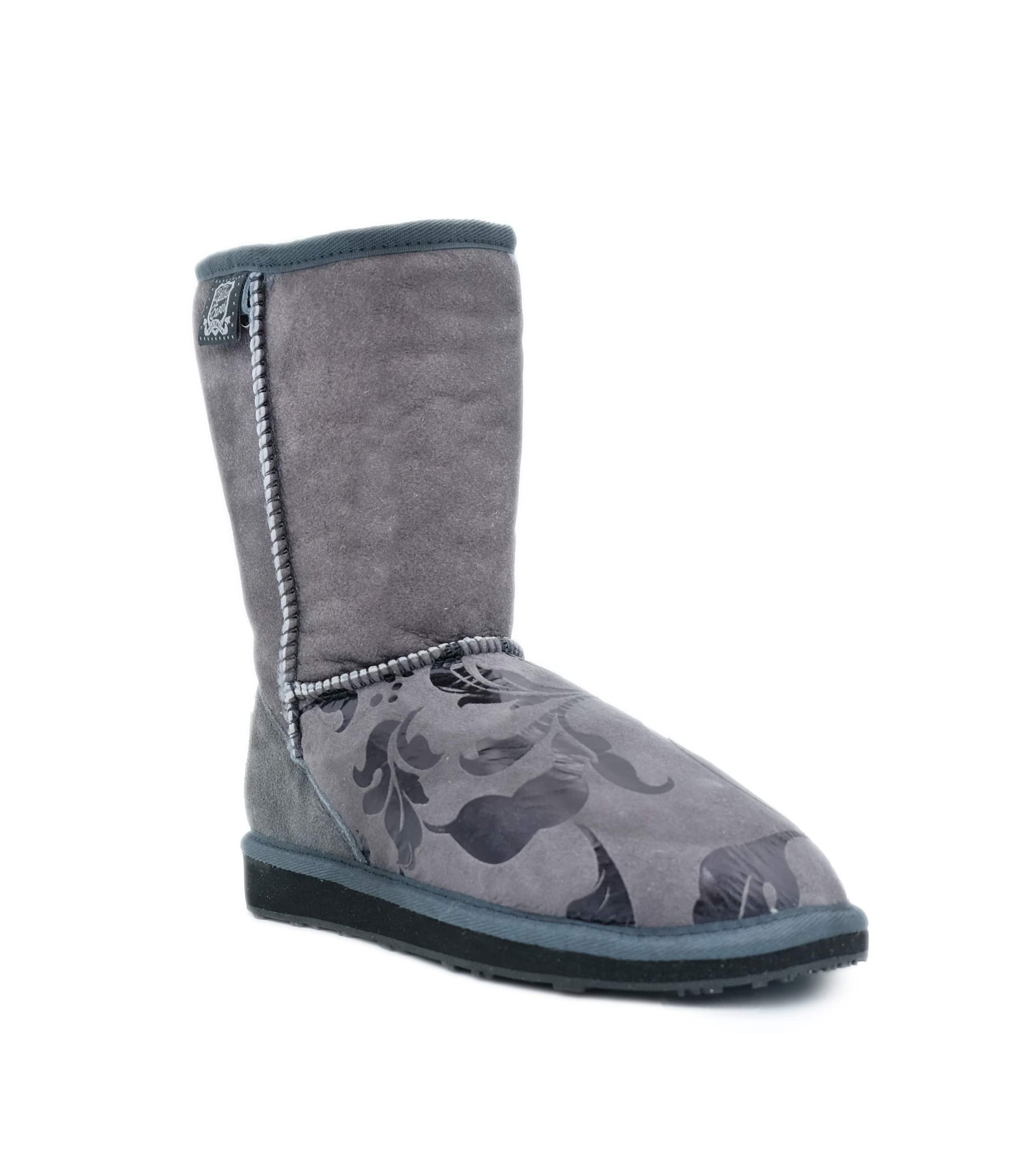 Grey sheepskin mid-calf boot with decorative floral pattern and whipstitched seams, side view. - Yellow Earth Australia