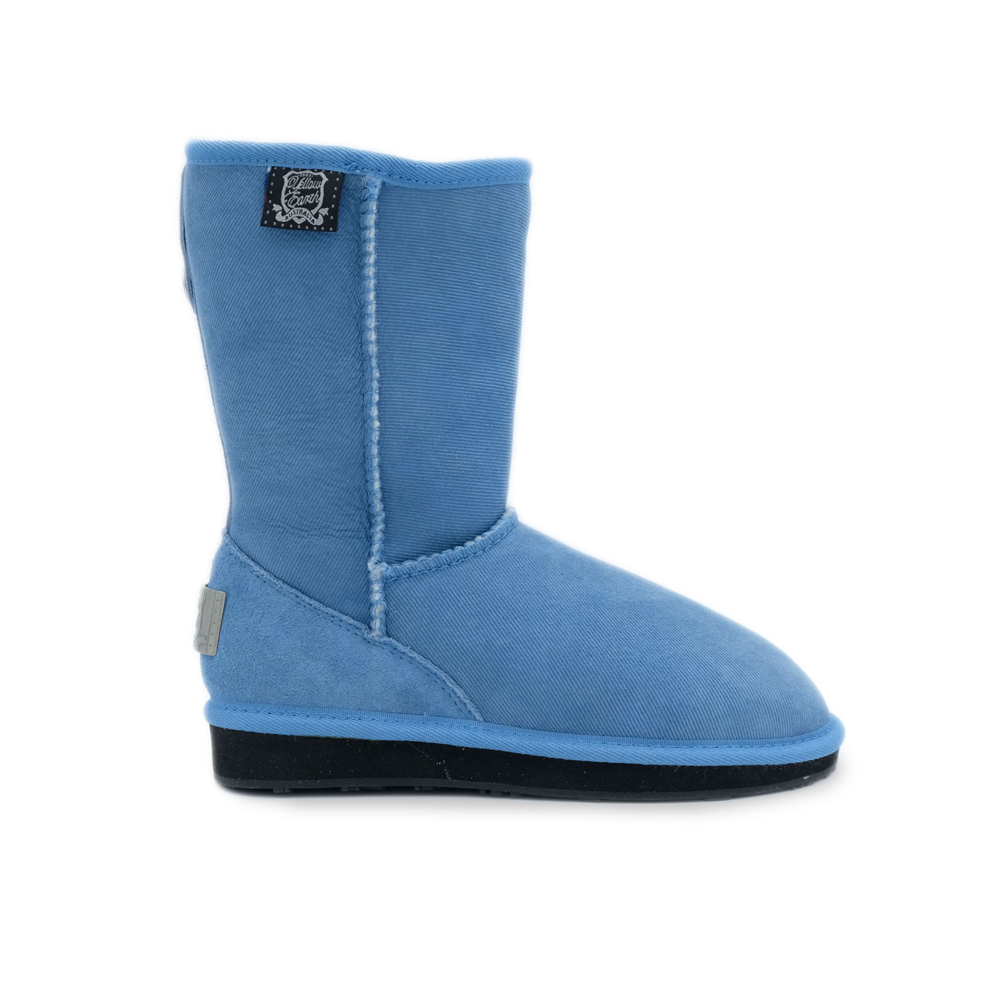 Blue sheepskin wool mid-calf boot with black sole, side view. - Yellow Earth Australia