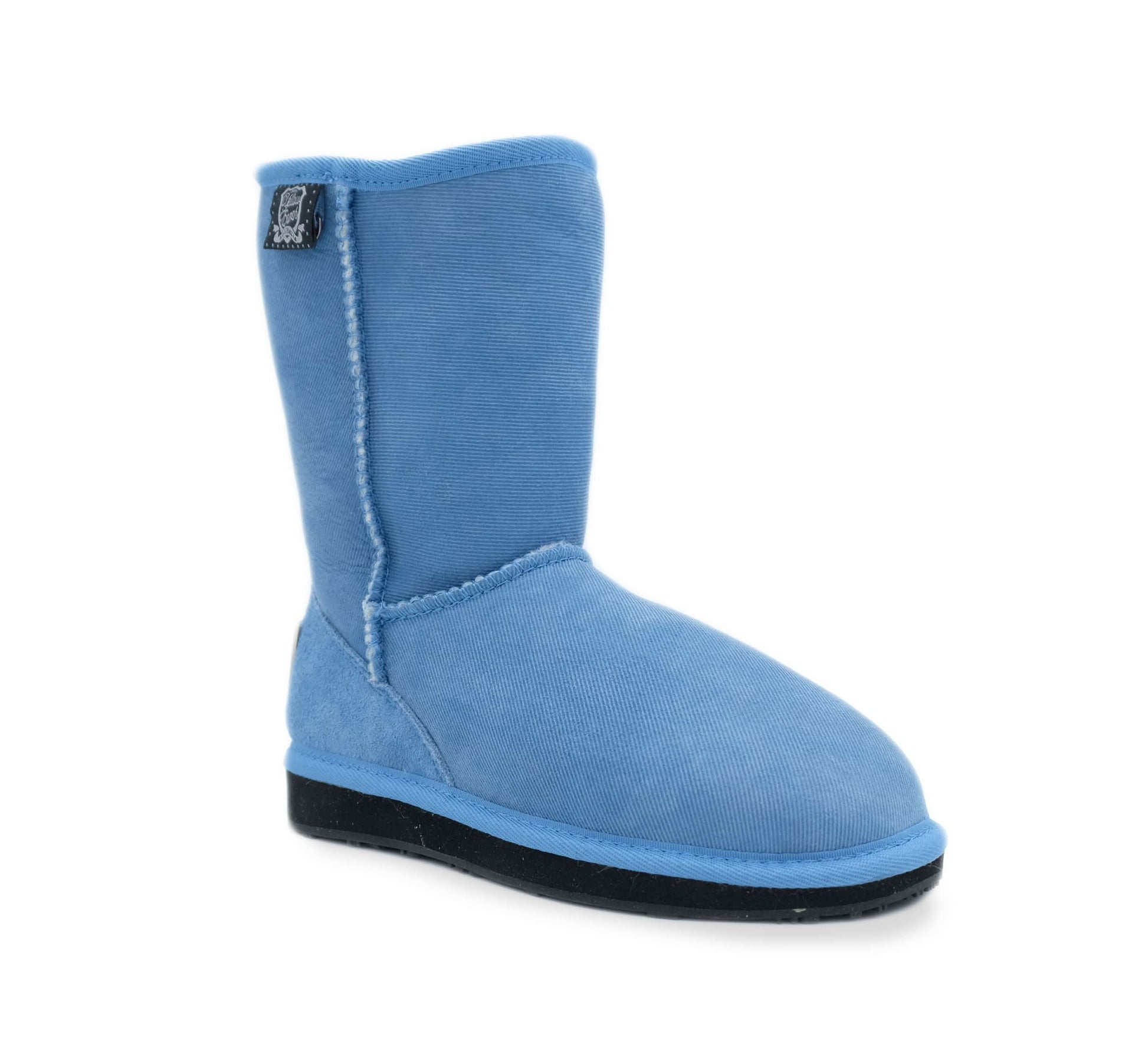 Blue sheepskin wool mid-calf boot with black sole, side view. - Yellow Earth Australia