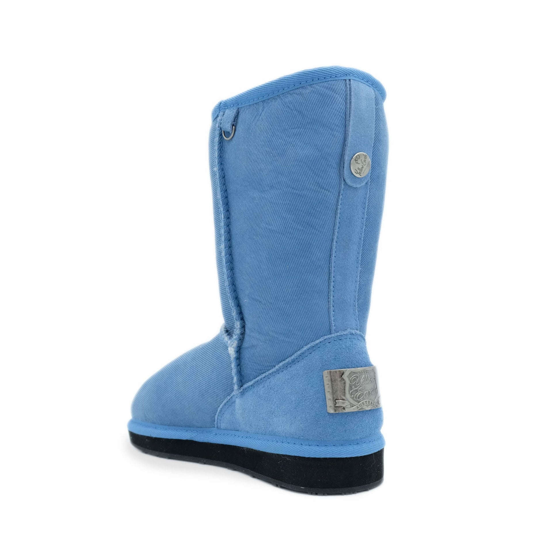 Blue sheepskin boot with black sole, side view. - Yellow Earth Australia